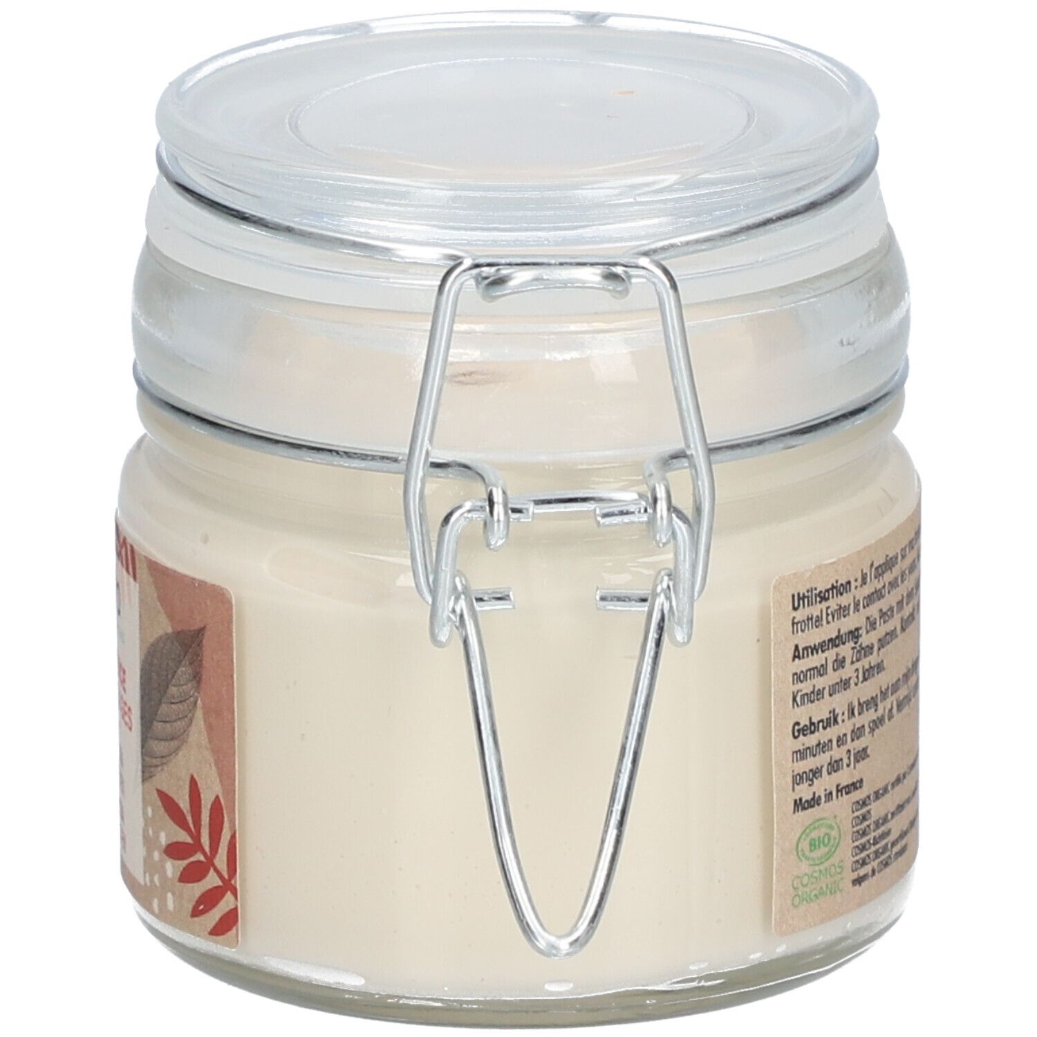 Glasbehälter mit Bügelverschluss, gefüllt mit einer hellen Creme. Etikett mit Blattmotiv und Bio-Siegel.