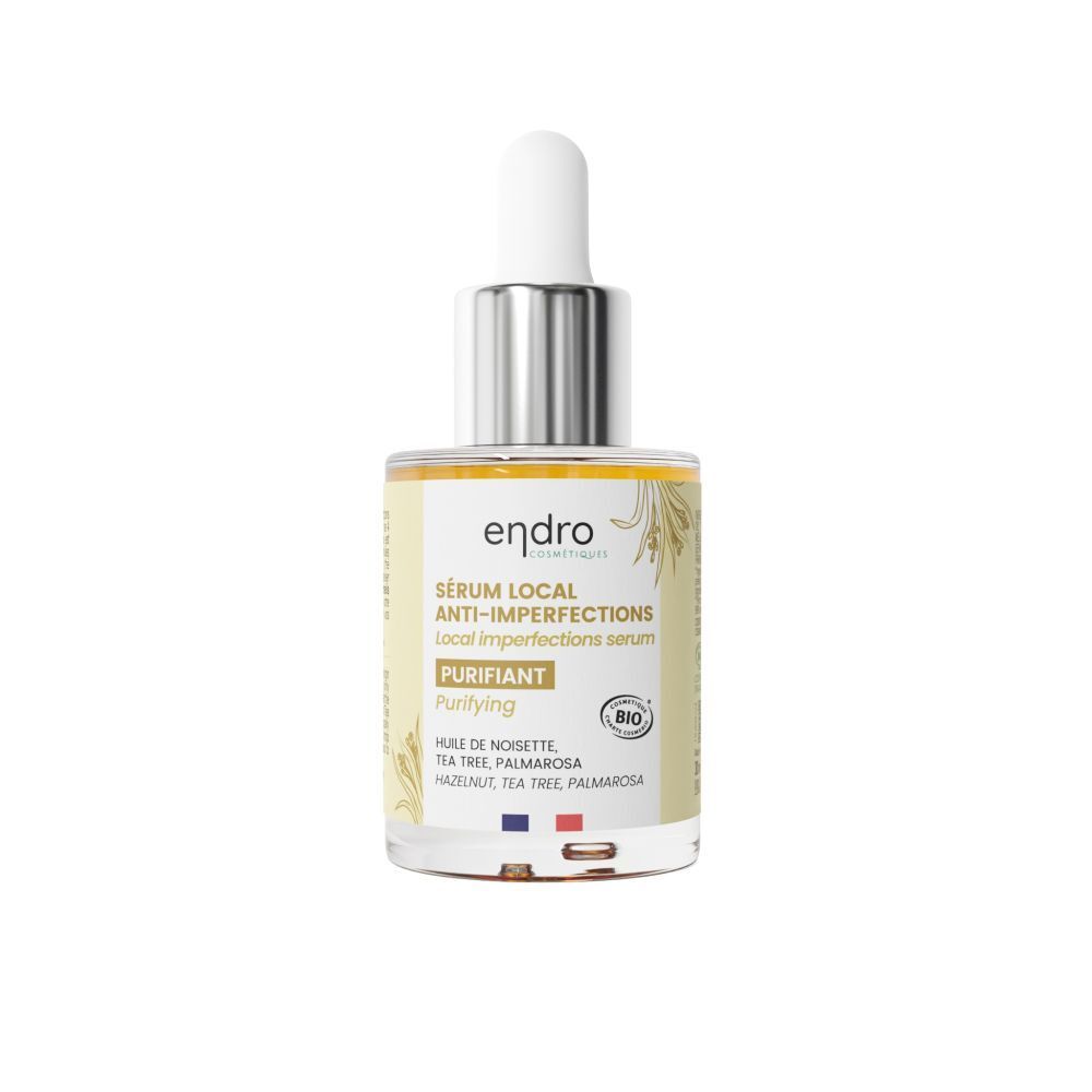 Serumfles met pipet. Opschrift: Endro, Sérum Local Anti-imperfecties. Bio-label. Gele vloeistof zichtbaar.