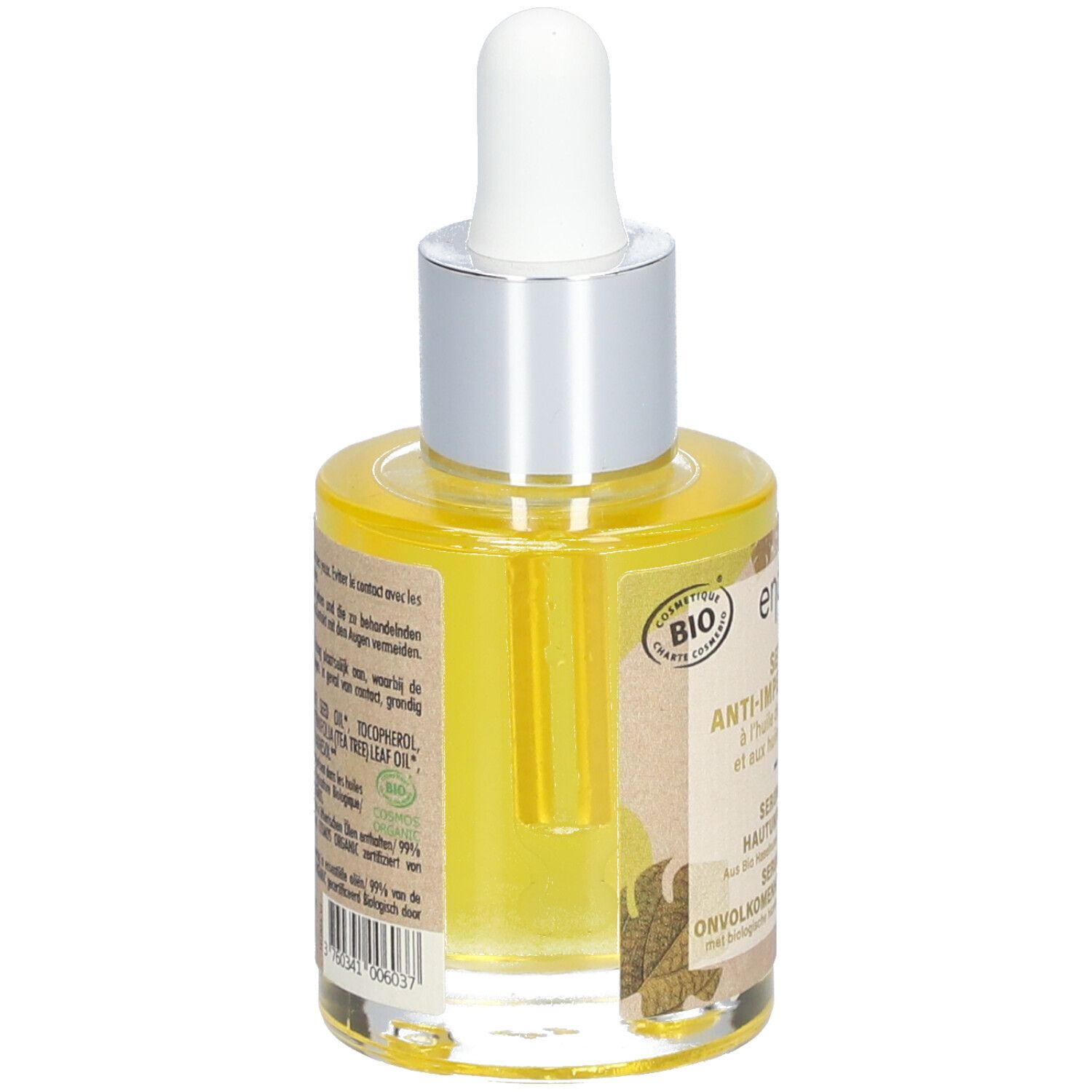 Rückansicht der Serumflasche. Aufschrift: Endro, Anti-Imperfektionen. Bio-Siegel. Transparente Flasche.