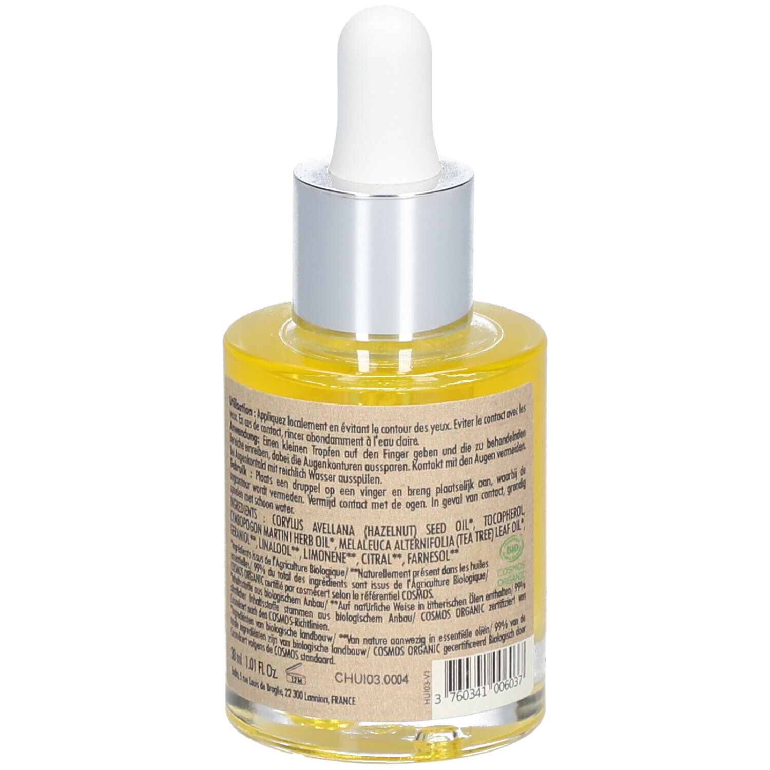 Rückansicht der Serumflasche. Text mit Inhaltsstoffen und Anwendungshinweisen. Bio-Siegel. Transparente Flasche.