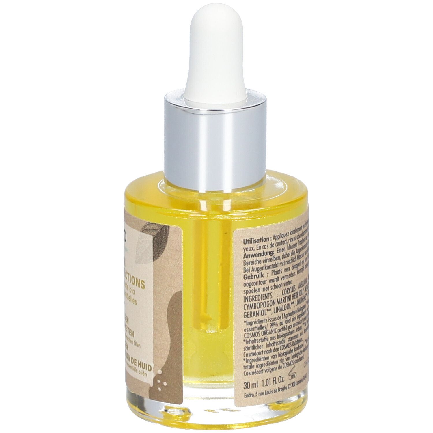 Rückansicht der Serumflasche. Text mit Inhaltsstoffen und Anwendungshinweisen. Bio-Siegel. Transparente Flasche.