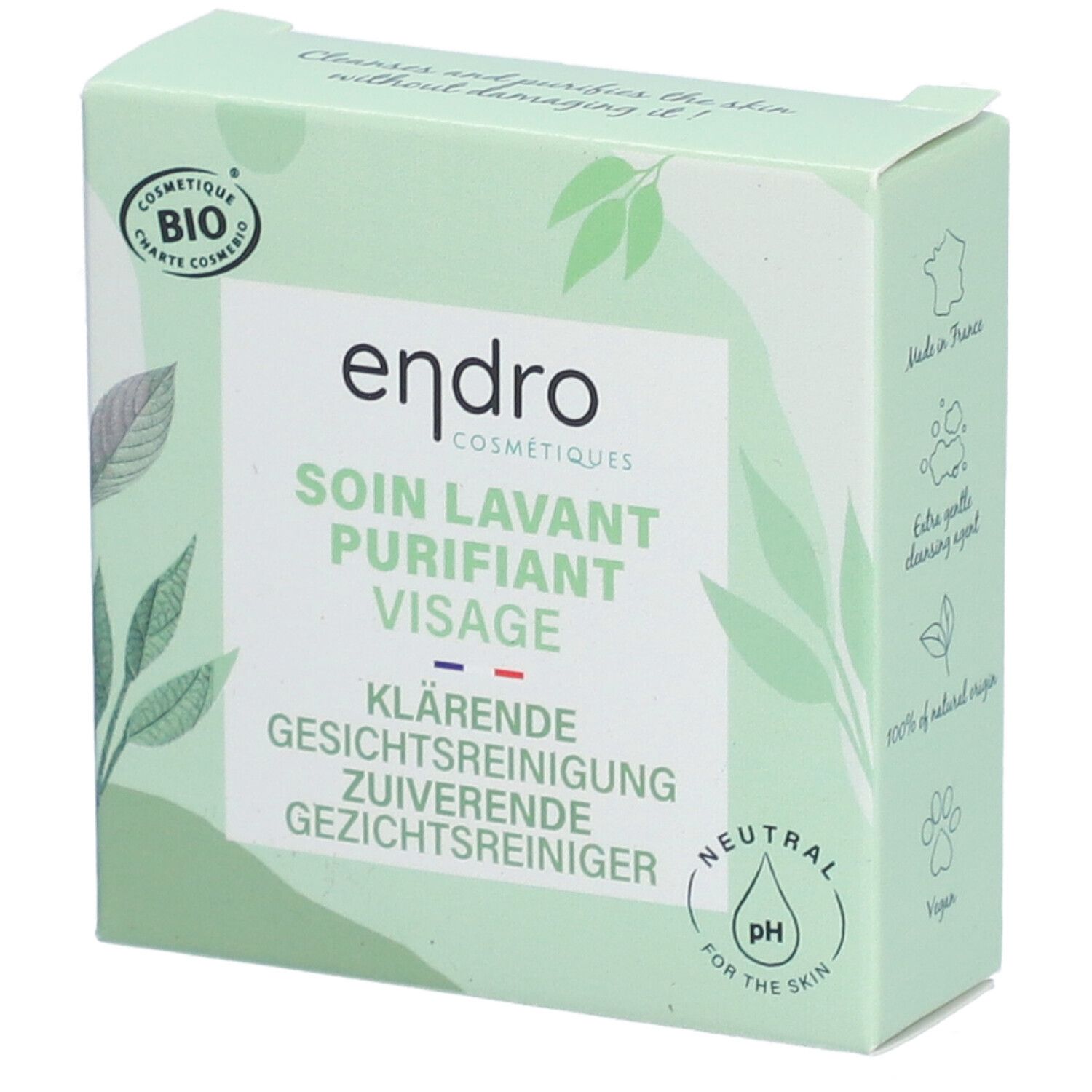 Boîte verte avec logo "endro" et "SOIN LAVANT PURIFIANT VISAGE". Certification bio. pH neutre.