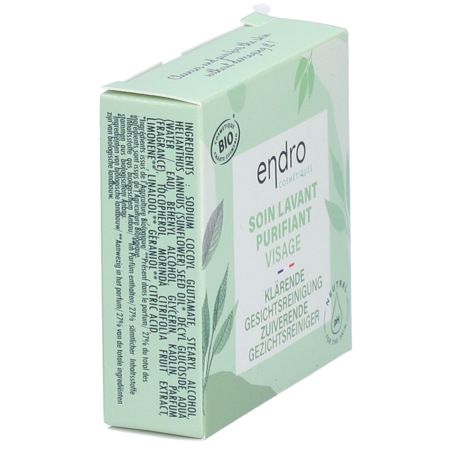 Boîte verte avec ingrédients et logo "endro". "SOIN LAVANT PURIFIANT VISAGE". Certification bio.