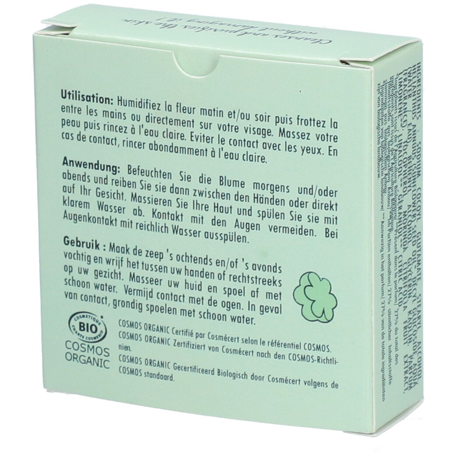 Dos de la boîte verte avec instructions d'utilisation en allemand, français et néerlandais. Certification bio.