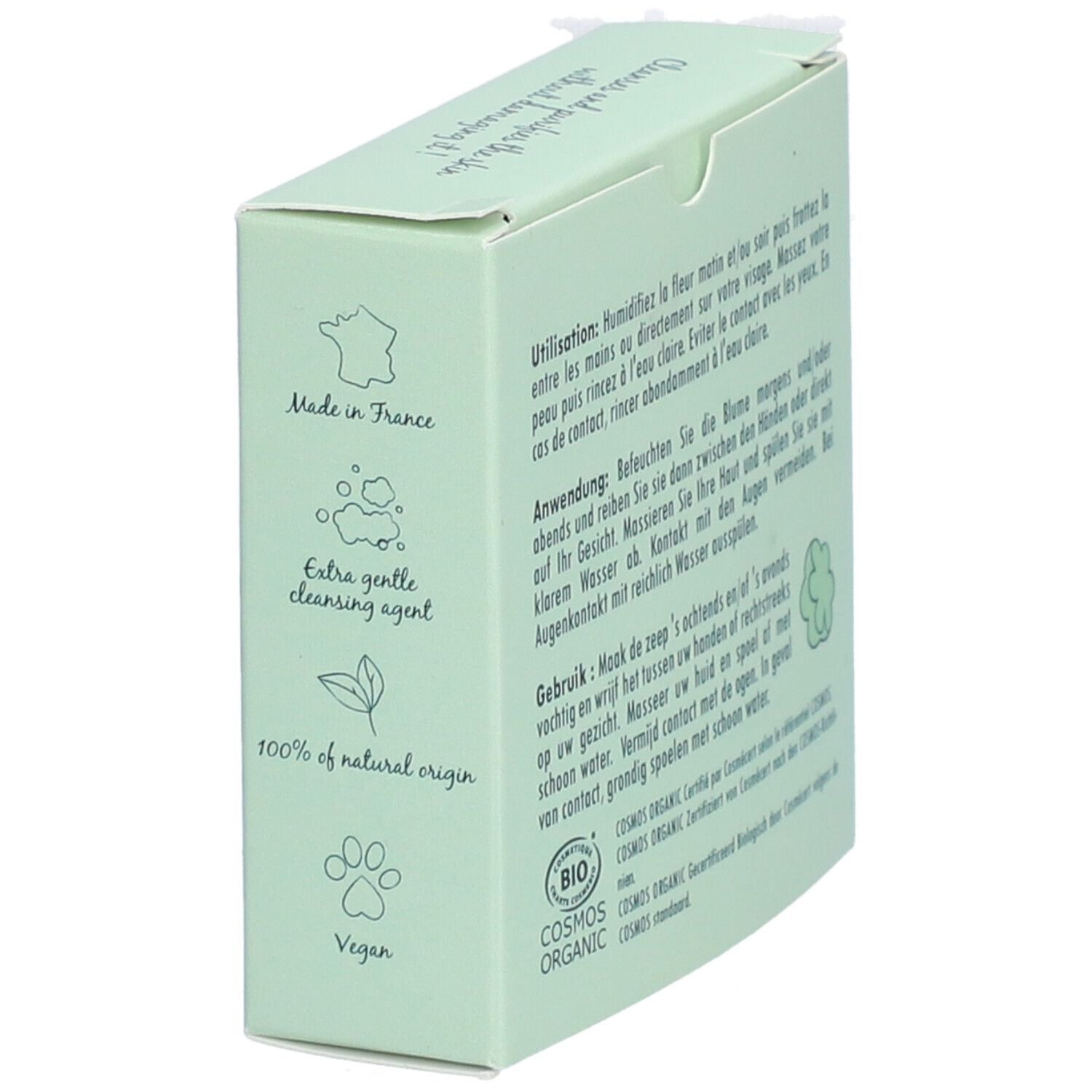 Boîte verte avec icônes : Fabriqué en France, nettoyage doux, 100% naturel, végétalien. Certification bio.