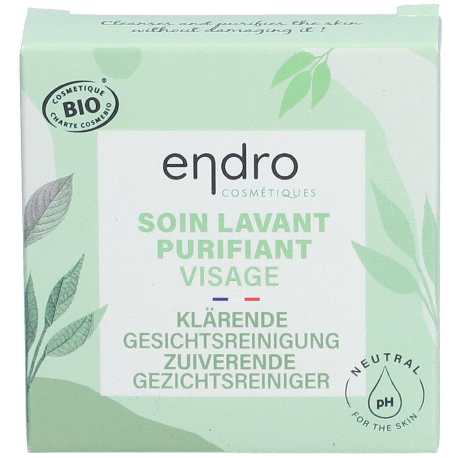 Boîte verte avec logo "endro" et "SOIN LAVANT PURIFIANT VISAGE". Drapeau français. pH neutre.