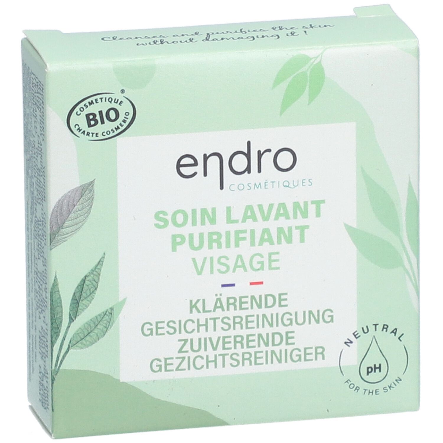 Boîte verte avec logo "endro" et "SOIN LAVANT PURIFIANT VISAGE". Certification bio. pH neutre.