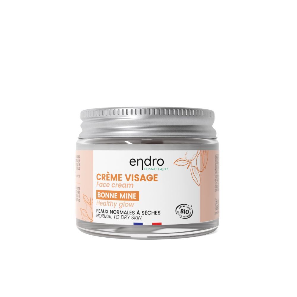 Crèmepot met deksel. Opschrift: Endro, Crème Visage, Healthy Glow. Bio-certificering. Voor normale tot droge huid.