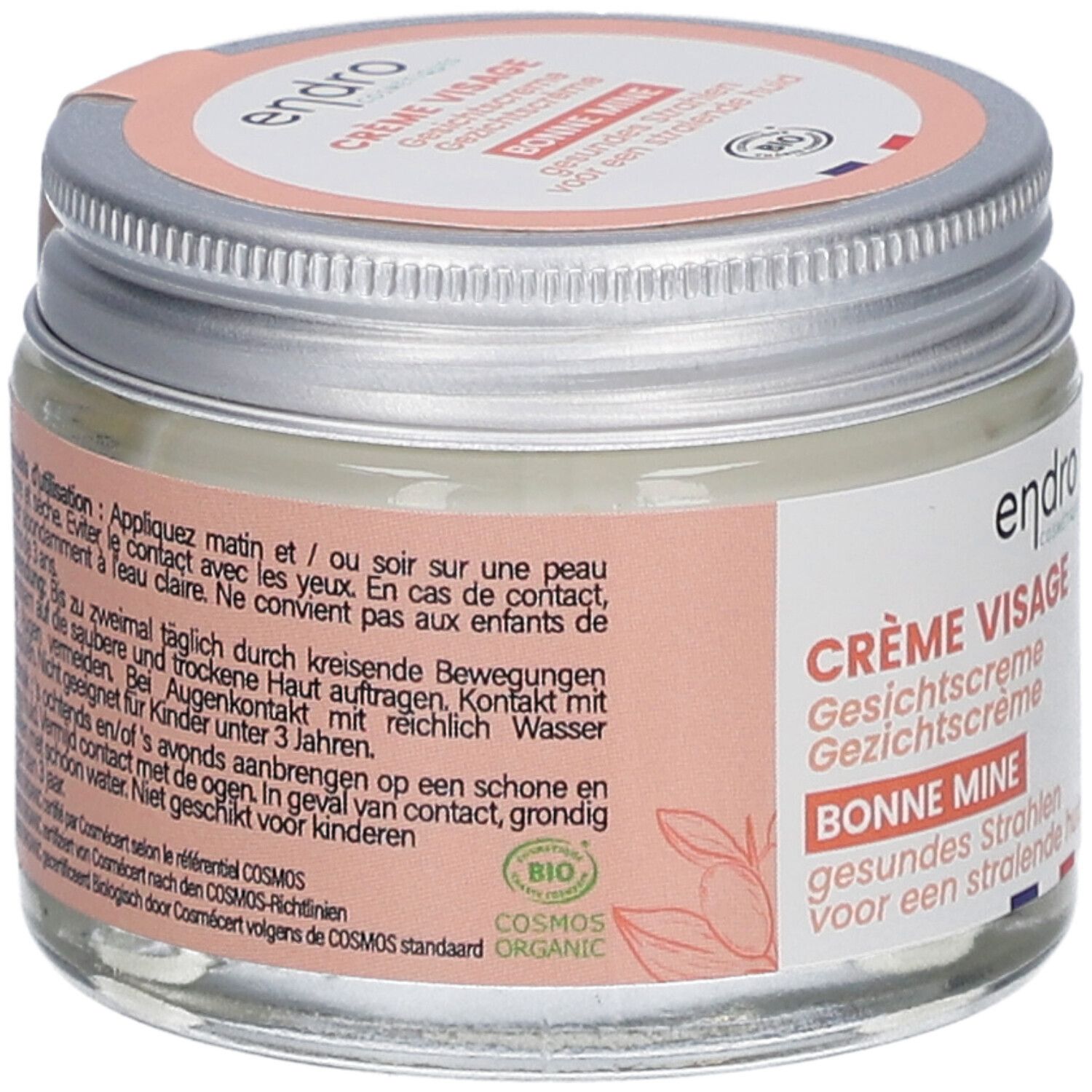 Crèmepot met deksel. Opschrift: Endro, Crème Visage, Bonne Mine. Bio-certificering. Tekst op achterkant.