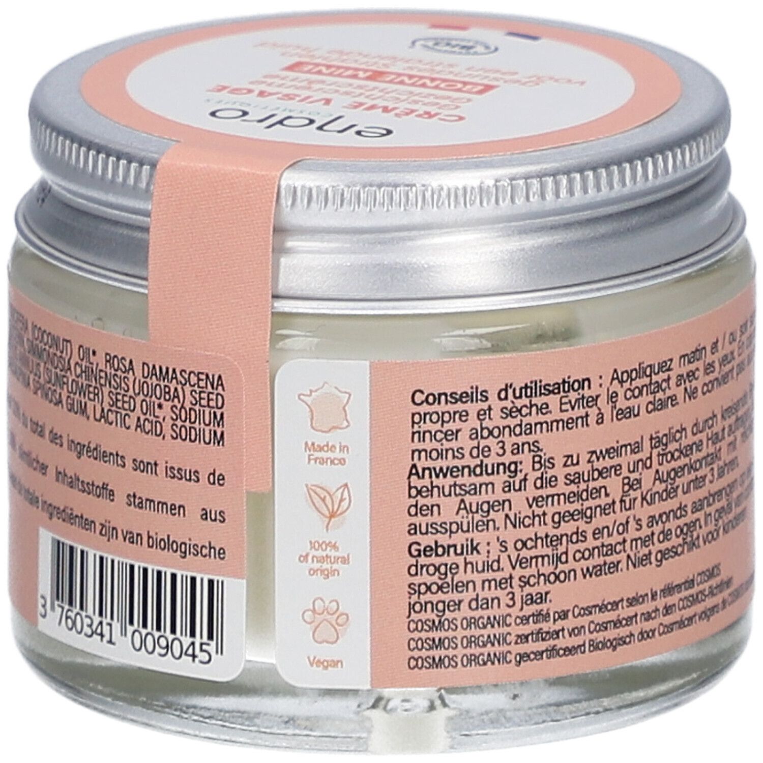 Crèmepot met deksel. Opschrift: Endro, Crème Visage, Bonne Mine. Bio-certificering. Ingrediëntenlijst.