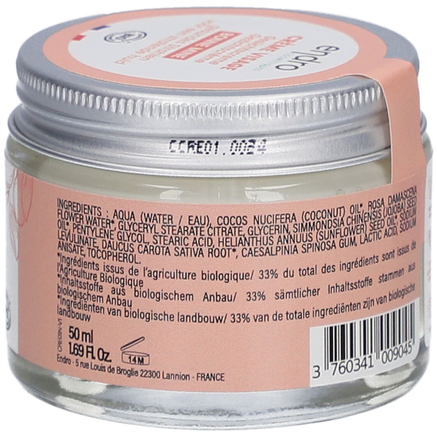 Crèmepot met deksel. Opschrift: Endro, Crème Visage, Bonne Mine. Bio-certificering. Ingrediëntenlijst en 50 ml.