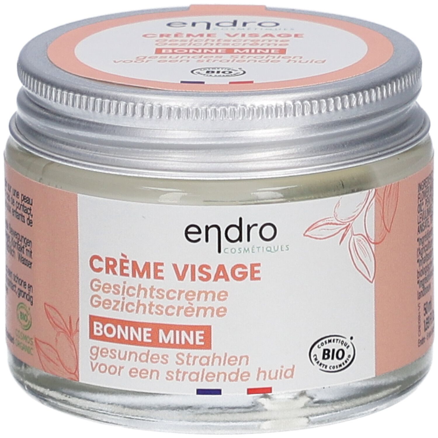 Crèmepot met deksel. Opschrift: Endro, Crème Visage, Bonne Mine. Bio-certificering. Franse vlag.