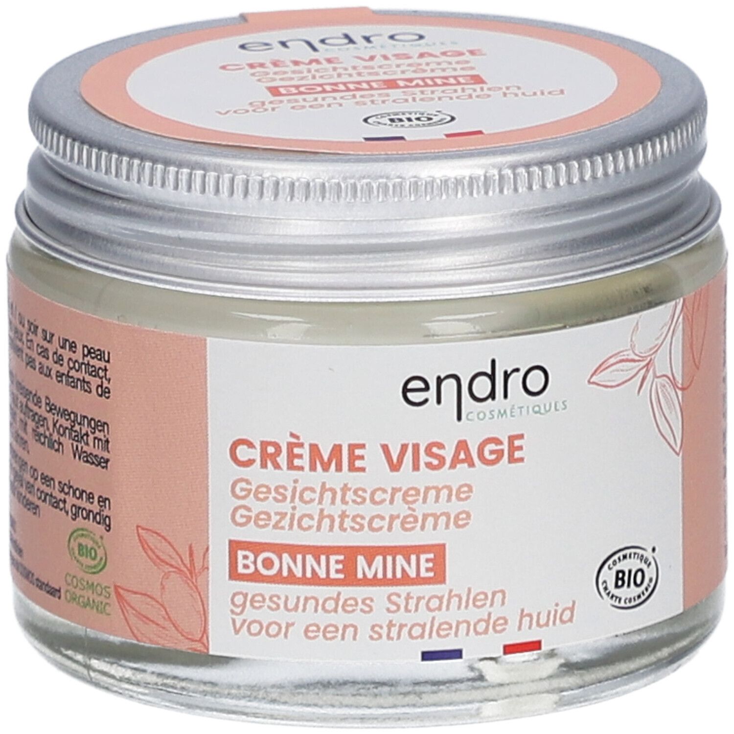 Crèmepot met deksel. Opschrift: Endro, Crème Visage, Bonne Mine. Bio-certificering. Franse vlag.