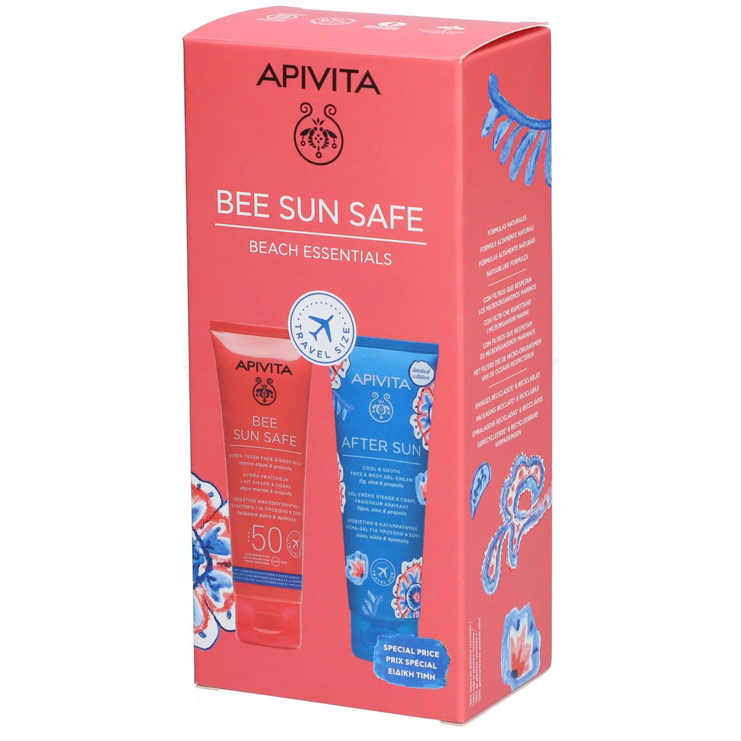 Coffret avec deux tubes. Tube rouge avec 'Bee Sun Safe 50'. Tube bleu avec 'After Sun'.