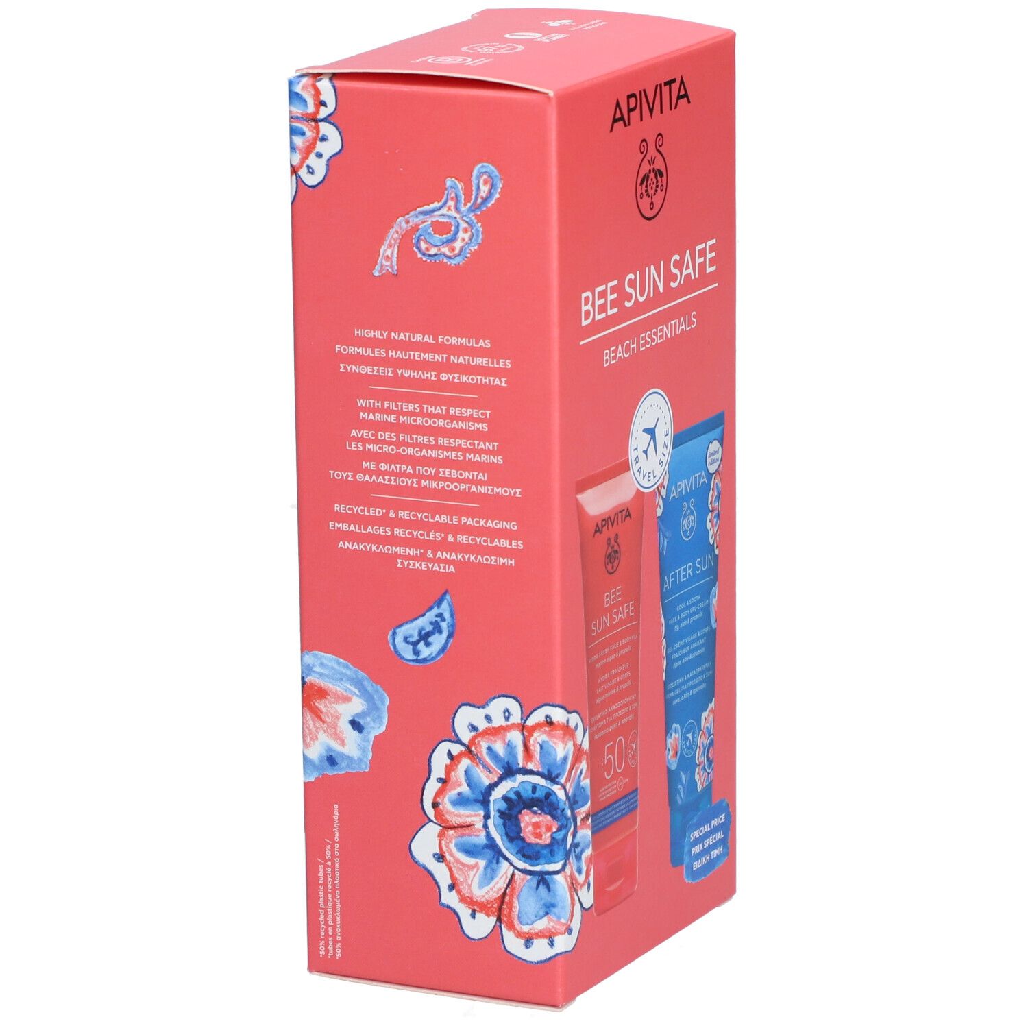 Vue latérale du coffret. Texte: 'Bee Sun Safe Beach Essentials'. Deux tubes sont visibles.