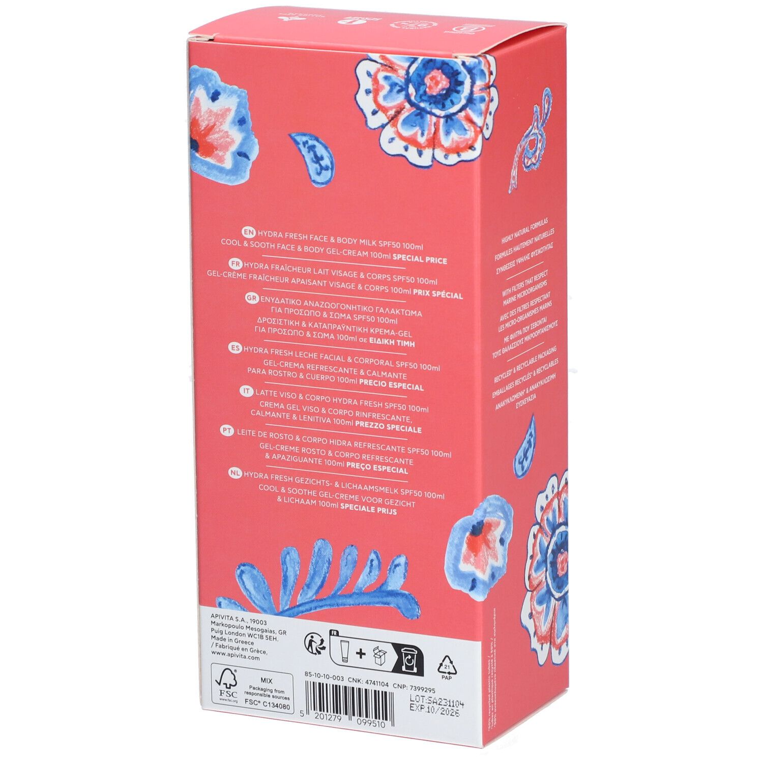 Dos du coffret. Texte en plusieurs langues. Informations sur le produit et logos.
