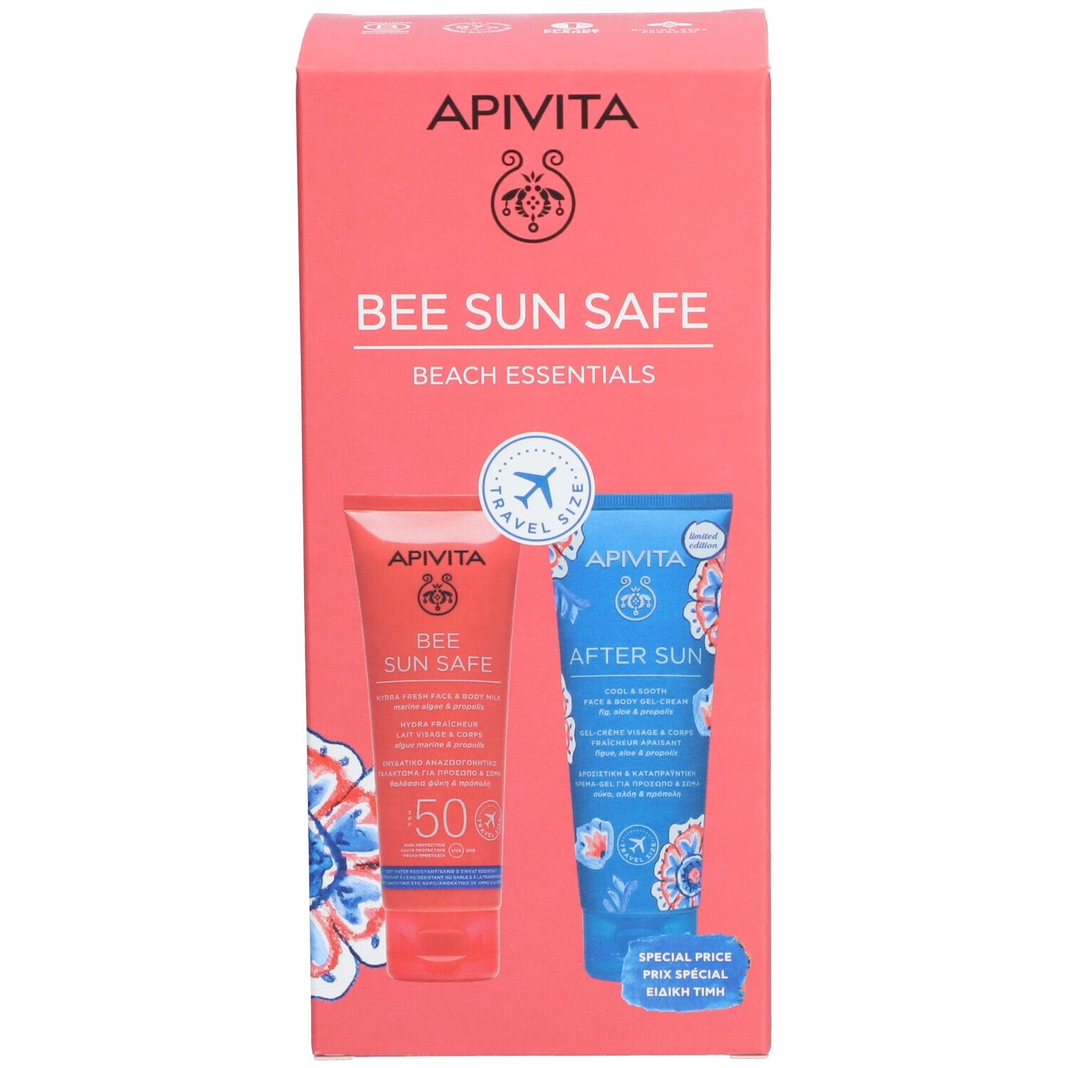 Coffret avec deux tubes. Tube rouge avec 'Bee Sun Safe 50'. Tube bleu avec 'After Sun'.