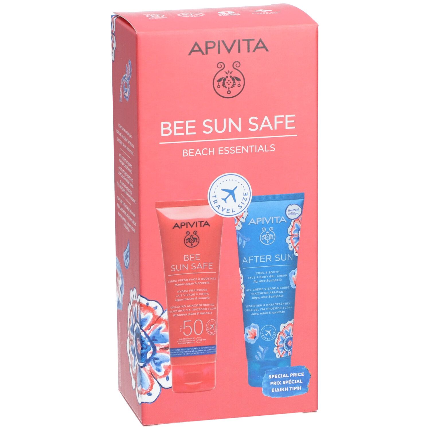 Coffret avec deux tubes. Tube rouge avec 'Bee Sun Safe 50'. Tube bleu avec 'After Sun'.