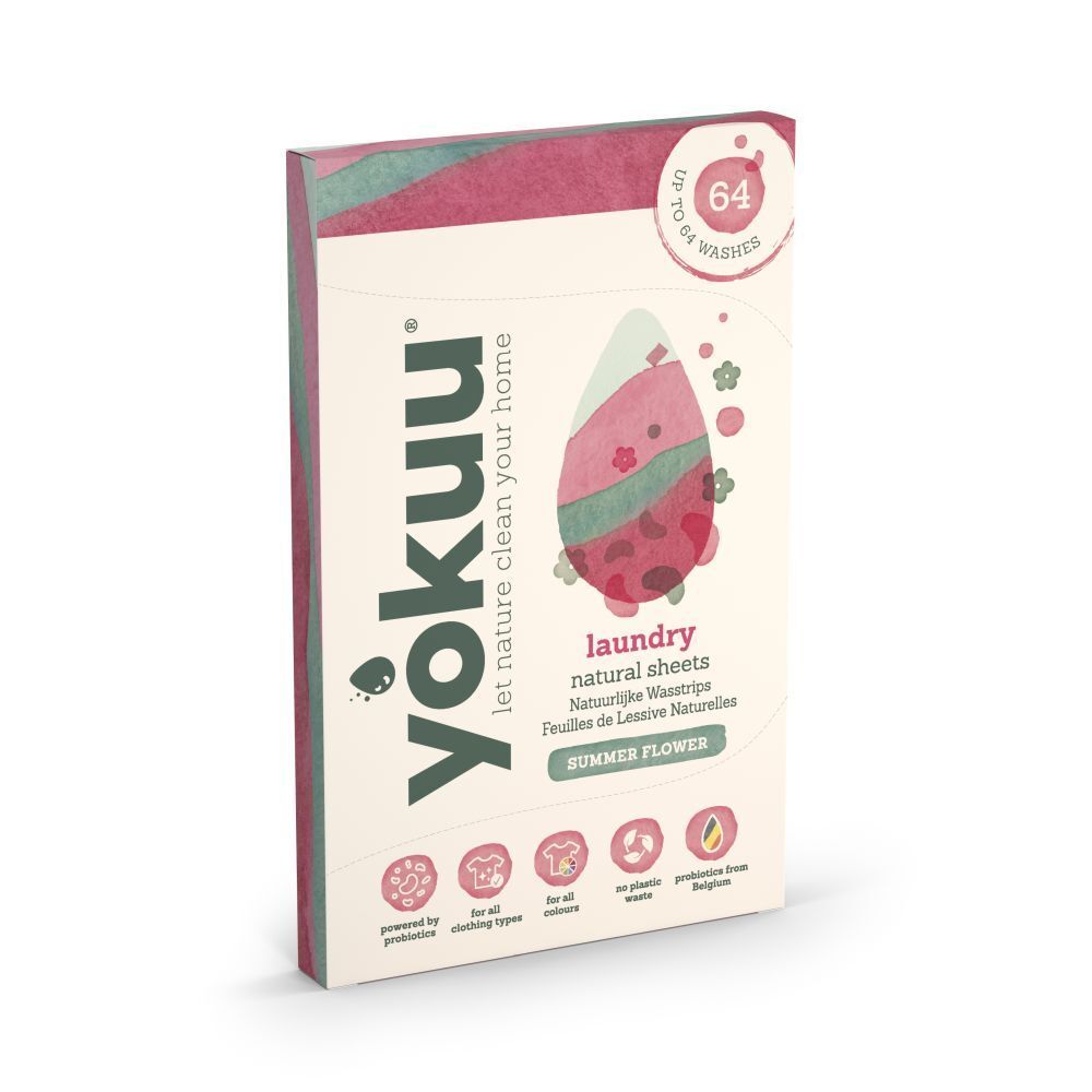 Doosje wasstrips. Opschrift: YOKUU, Summer Flower, tot 64 wasbeurten. Logo's: probiotica, alle soorten kleding, kleuren, geen plastic, België.