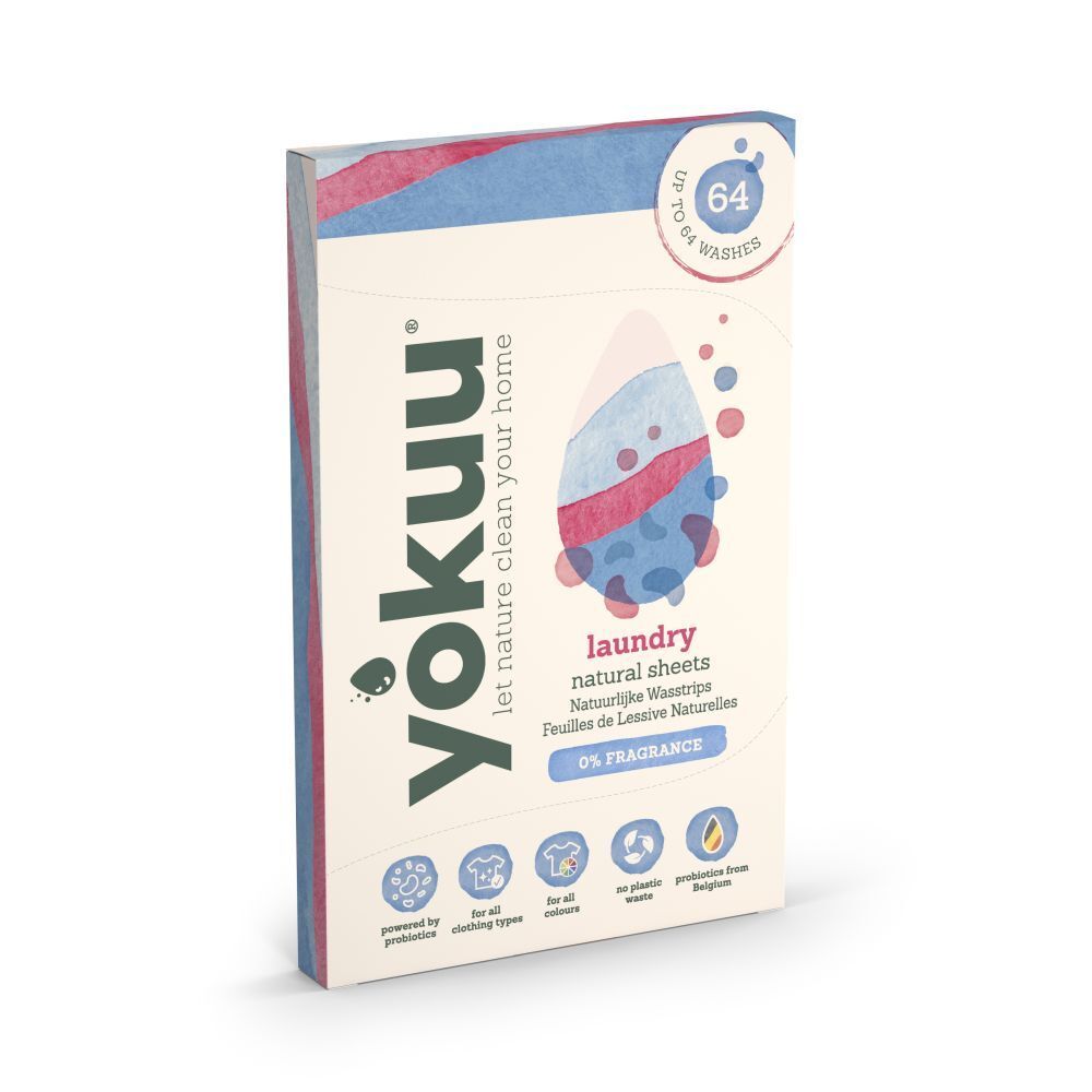 Kartonverpackung mit Waschstreifen. Aufdruck: YOKUU, 0% Parfum, bis zu 64 Wäschen. Blaue, rosa und weiße Elemente.