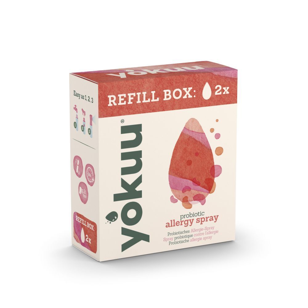 Kartonbox mit "yokuu"-Logo und "REFILL BOX: 2x"-Aufdruck. Enthält ein Produktbild und Text "probiotic allergy spray".