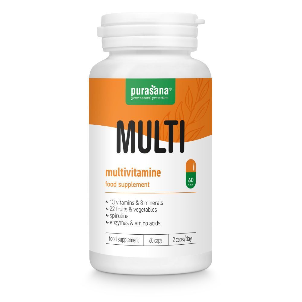 Flacon blanc avec étiquette orange. Inscription: MULTI Multivitamine, 60 gélules. Contient vitamines, minéraux, spiruline, enzymes.