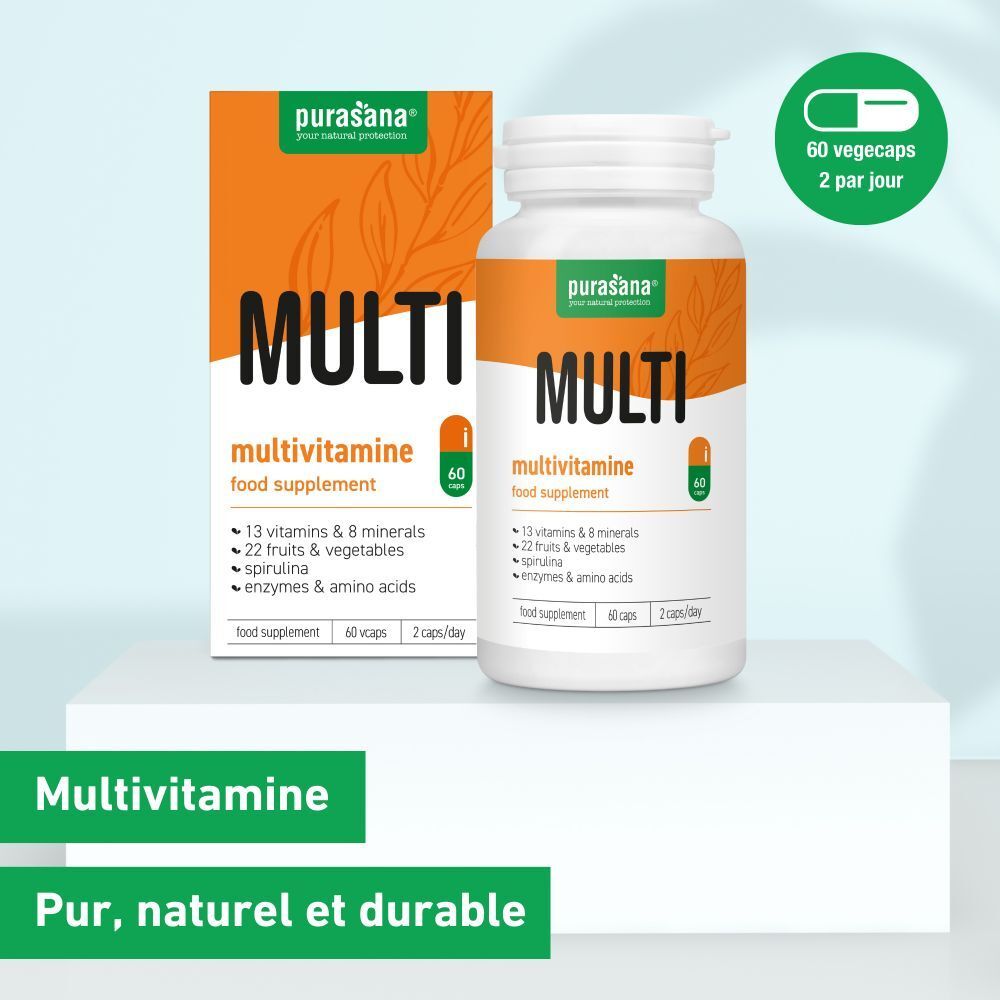 Emballage produit avec flacon et boîte. Inscription: MULTI Multivitamine. 60 gélules. Logo vert et blanc. Texte: Pur, naturel et durable.