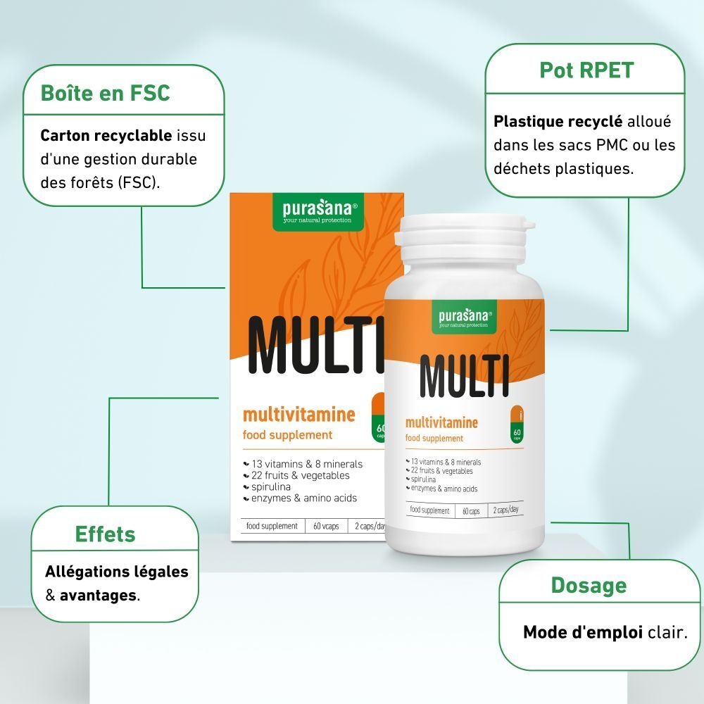 Emballage produit avec flacon et boîte. Inscription: MULTI Multivitamine. Carton certifié FSC. Plastique recyclé.