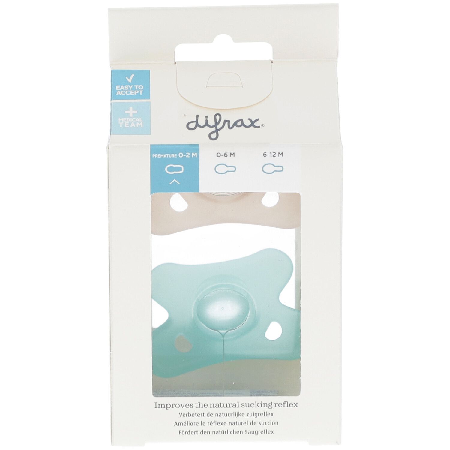 Verpackung mit zwei Schnullern, einer blau und einer beige. Der Markenname und die Produktbezeichnung sind sichtbar.