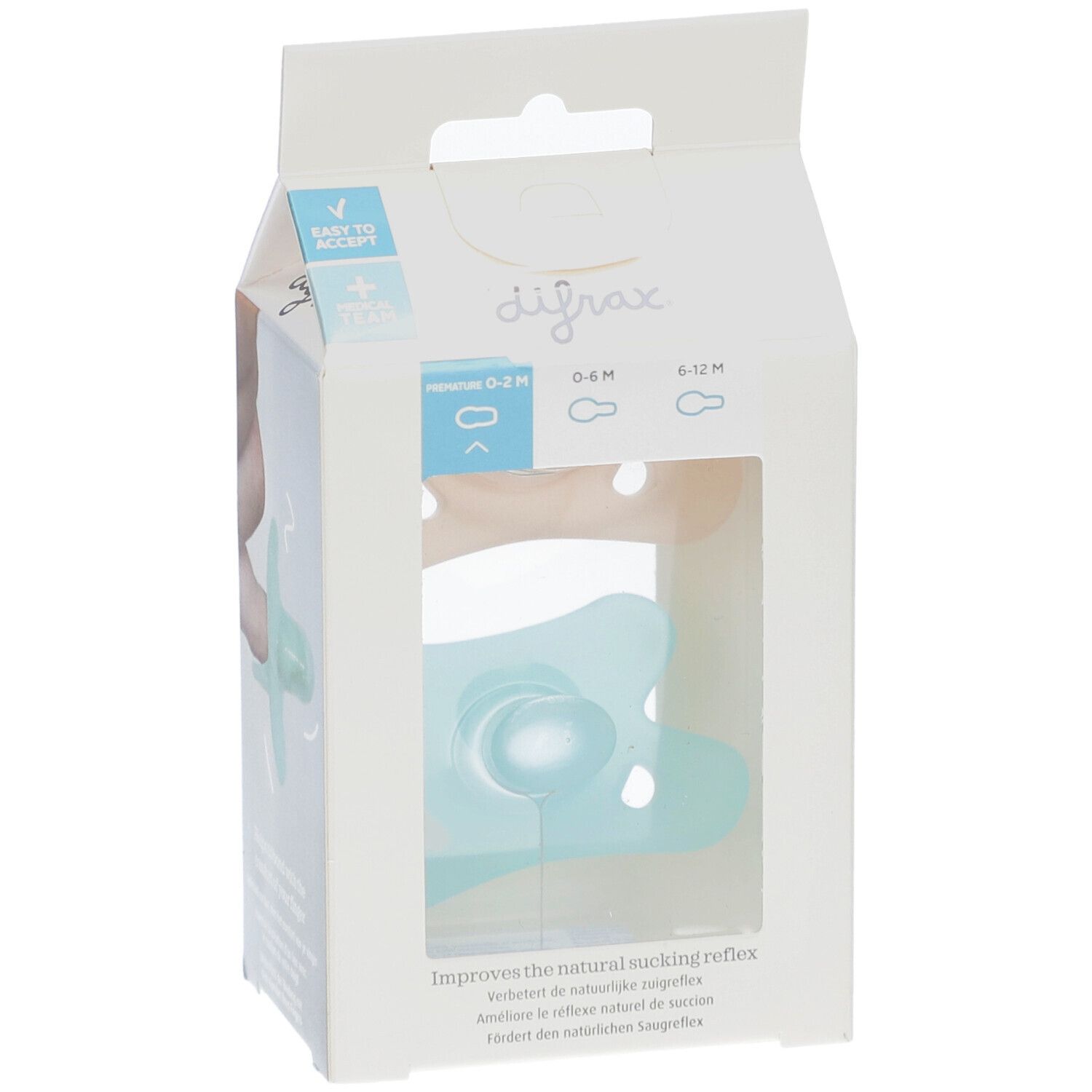 Verpackung mit einem blauen Schnuller. Der Markenname und die Produktbezeichnung sind sichtbar.