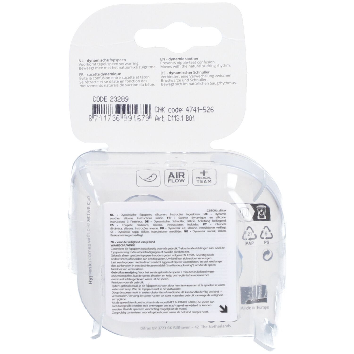 Dos de l'emballage blister avec informations produit et code-barres. 'AIR FLOW' et symboles de recyclage.