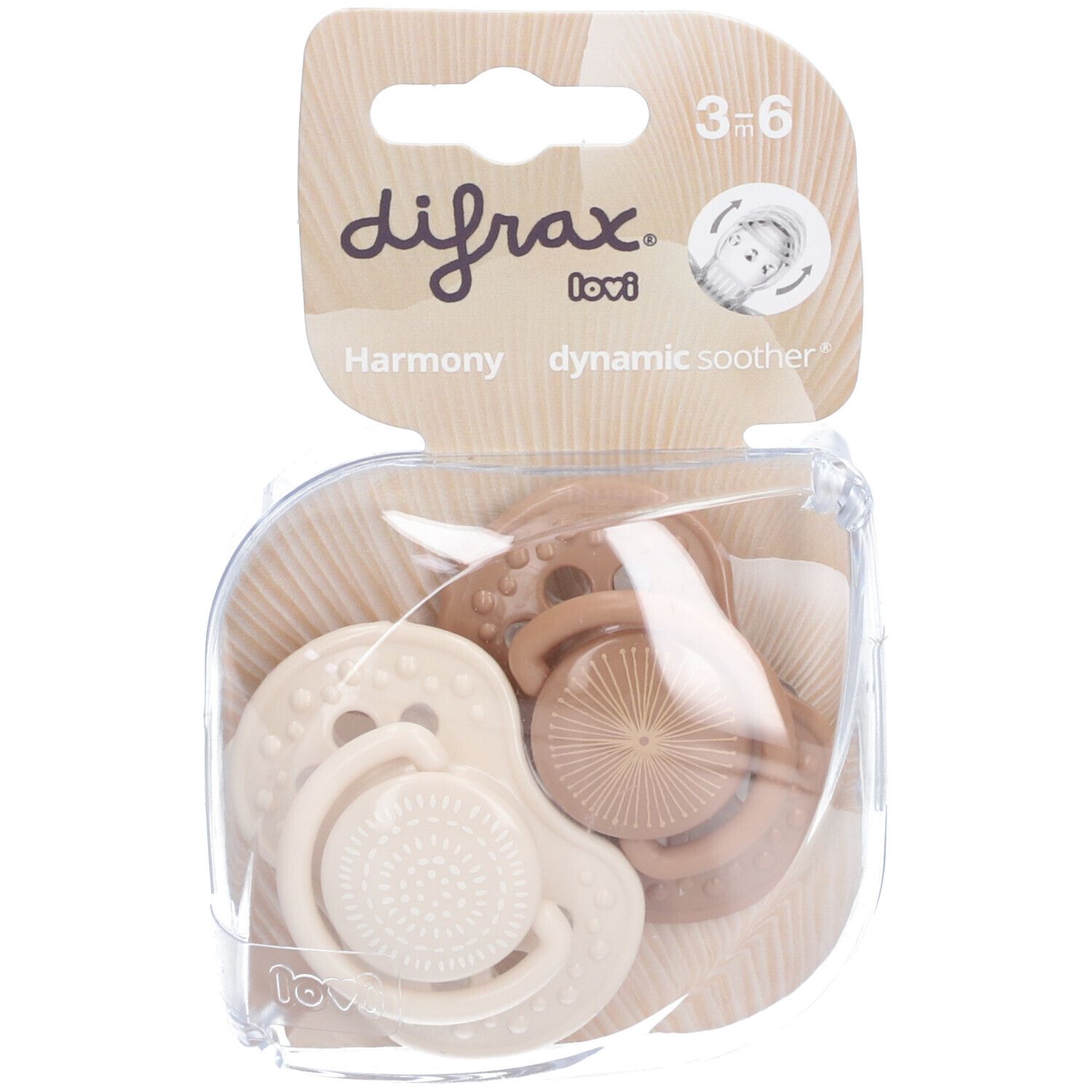 Emballage de deux sucettes. Sucettes beiges et marron dans un emballage plastique transparent. Inscription : Difrax, Harmony, 3-6m.