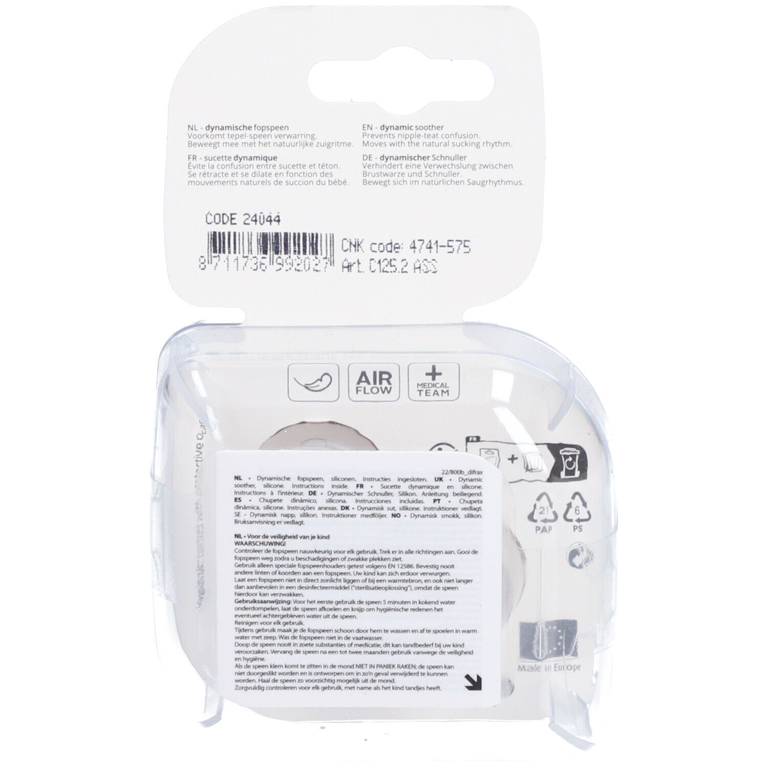Dos de l'emballage avec texte et logos. Contient des informations sur le produit et les détails du fabricant. Emballage plastique transparent.