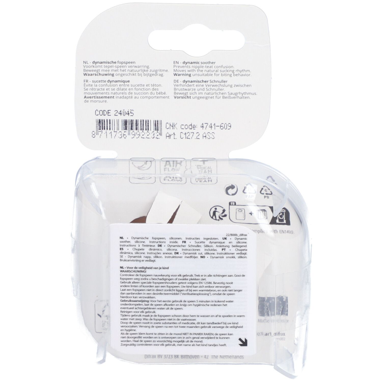 Rückseite der Verpackung mit Produktinformationen und Barcode. Enthält Text in mehreren Sprachen.