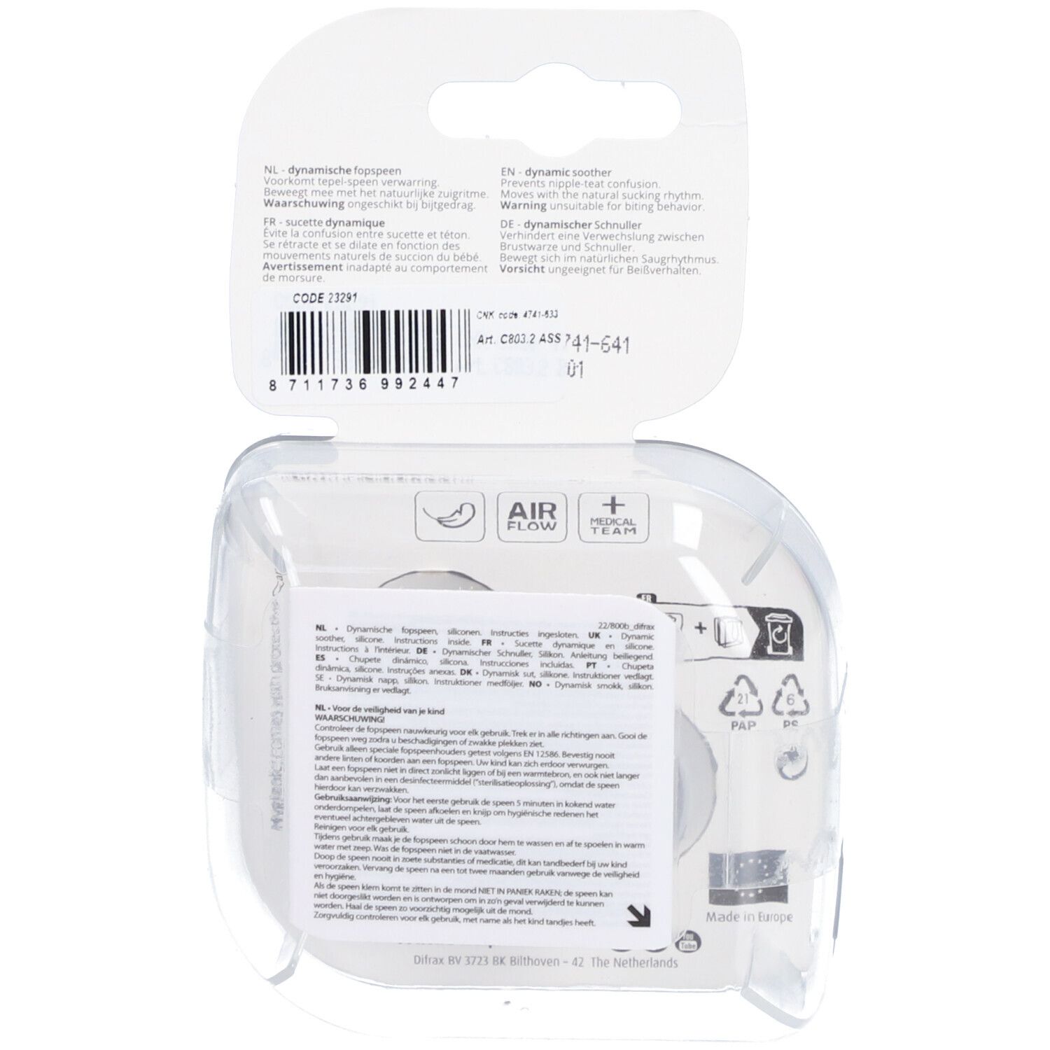 Rückseite der Verpackung mit Text und Symbolen. Enthält Informationen über das Produkt und seine Eigenschaften.