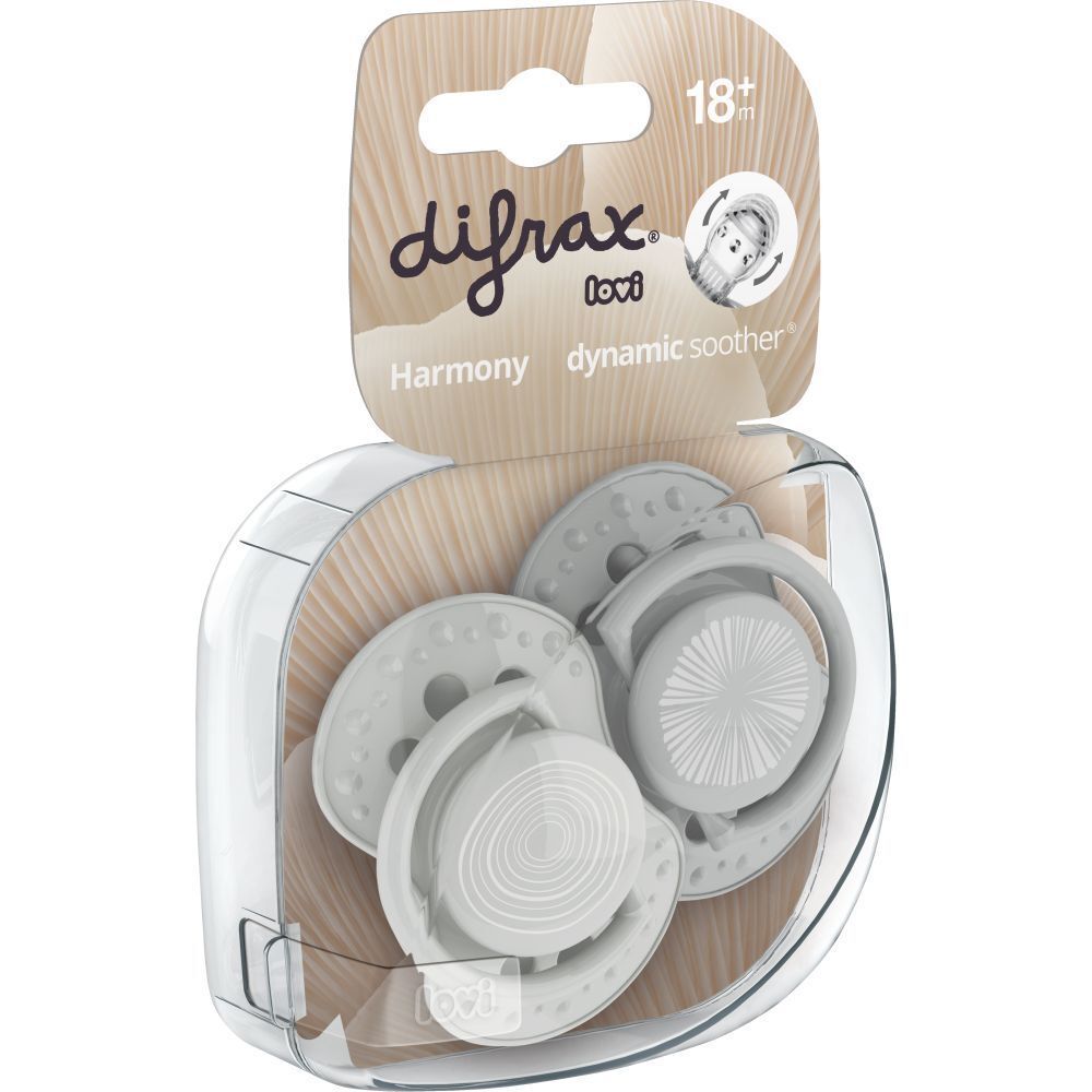 Verpackung mit zwei Schnullern. Klare Kunststoffverpackung mit Pappkarte. Aufschrift: Difrax, 18m+, dynamic soother.
