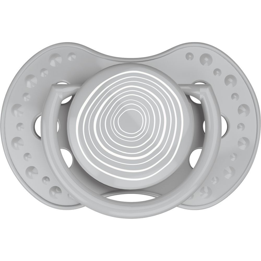 Grauer Schnuller mit konzentrischen weißen Kreisen. Ovale Form mit kleinen Noppen. Griff mit ovaler Form.