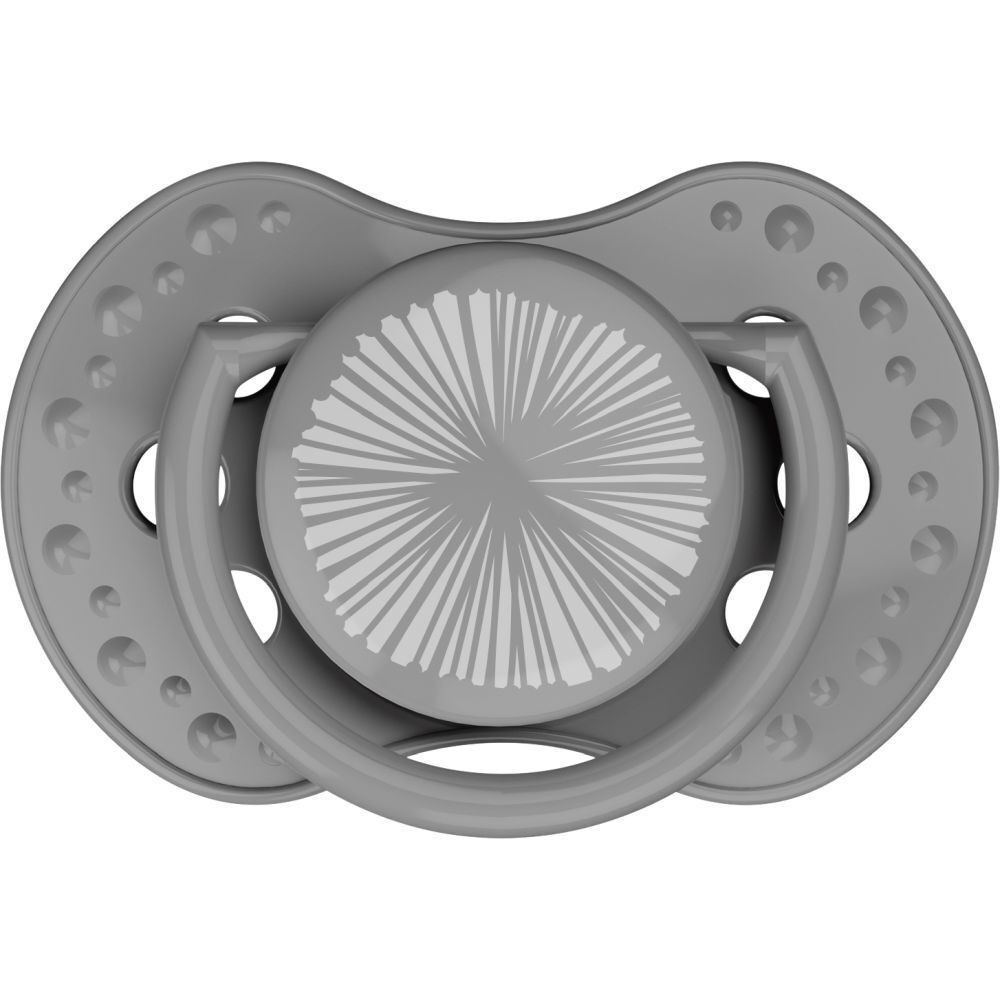 Grauer Schnuller mit weißem Strahlenmuster. Ovale Form mit kleinen Noppen. Griff mit ovaler Form.