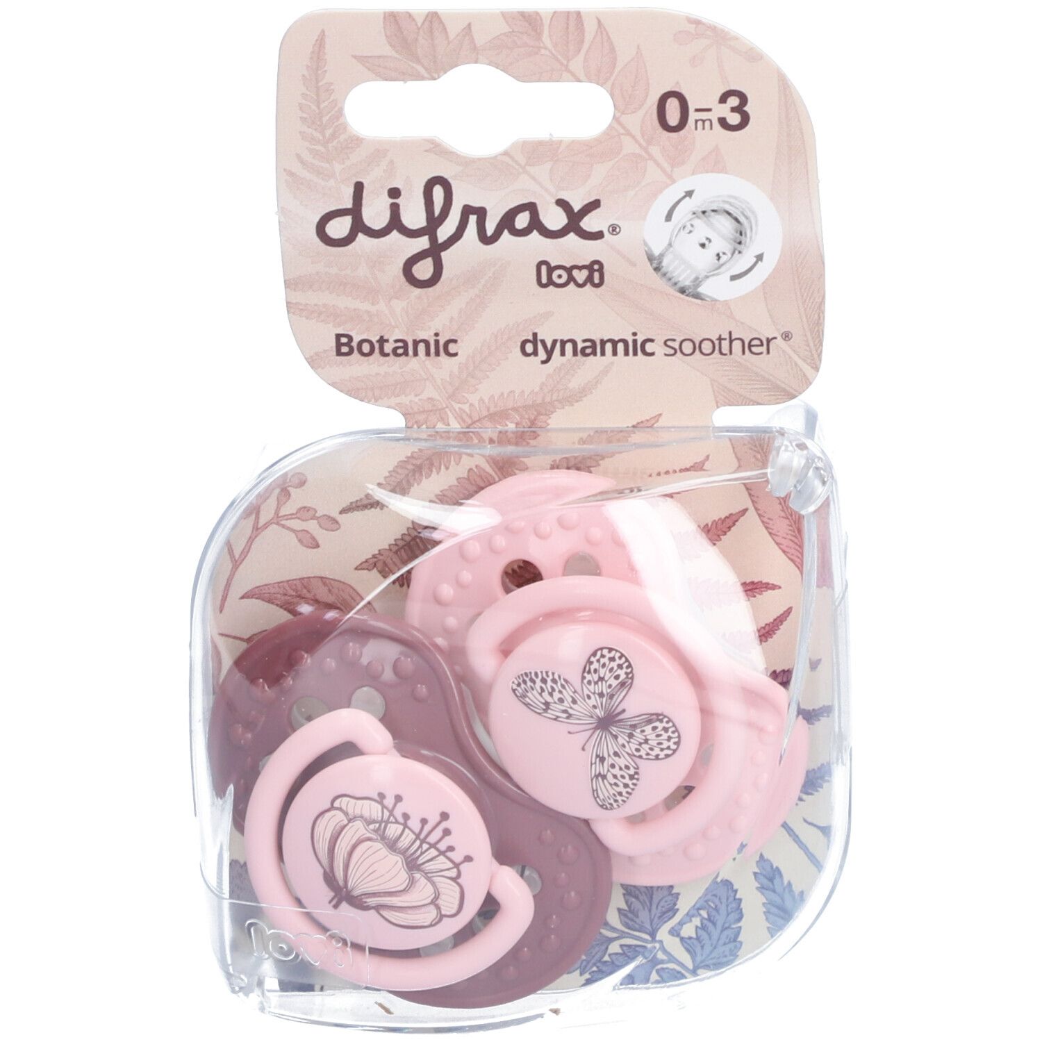 Deux sucettes dans un emballage. Rose et violet. Imprimé: papillon et fleur. En haut: 0-3m.