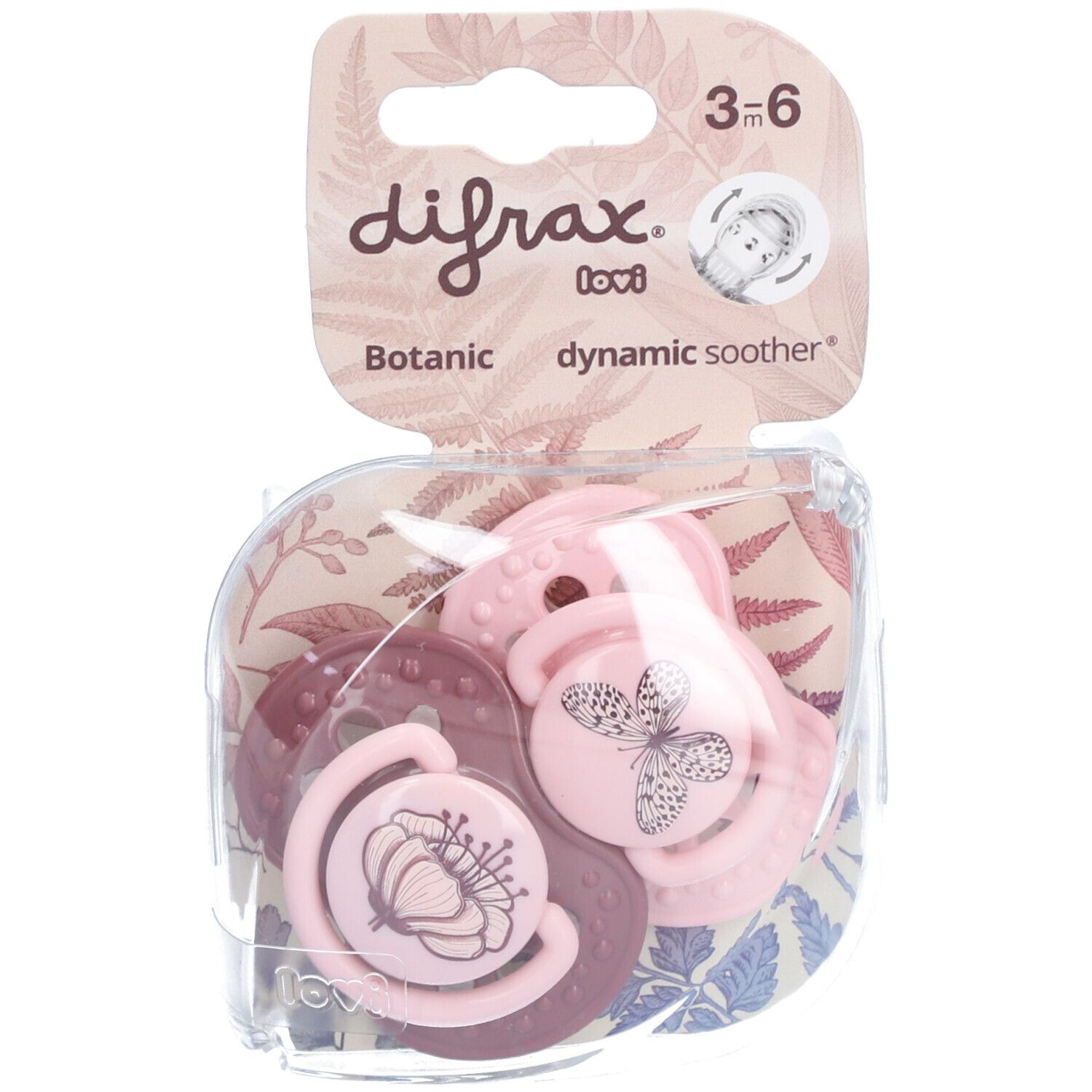 Emballage de trois sucettes. Tétines en silicone rose et bordeaux. Motifs botaniques et papillon visibles.