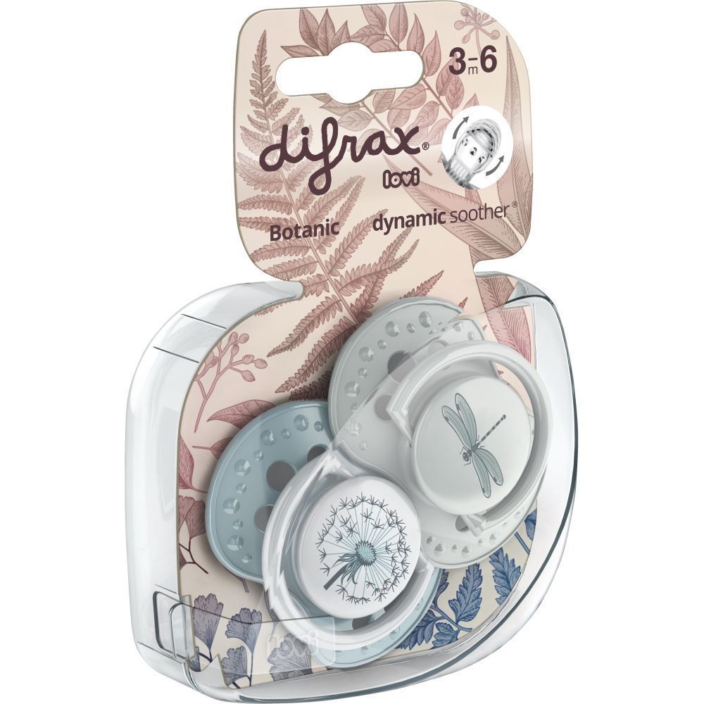 Verpakking met twee fopspenen. Merk Difrax, botanisch design, 3-6 maanden. Transparante verpakking.