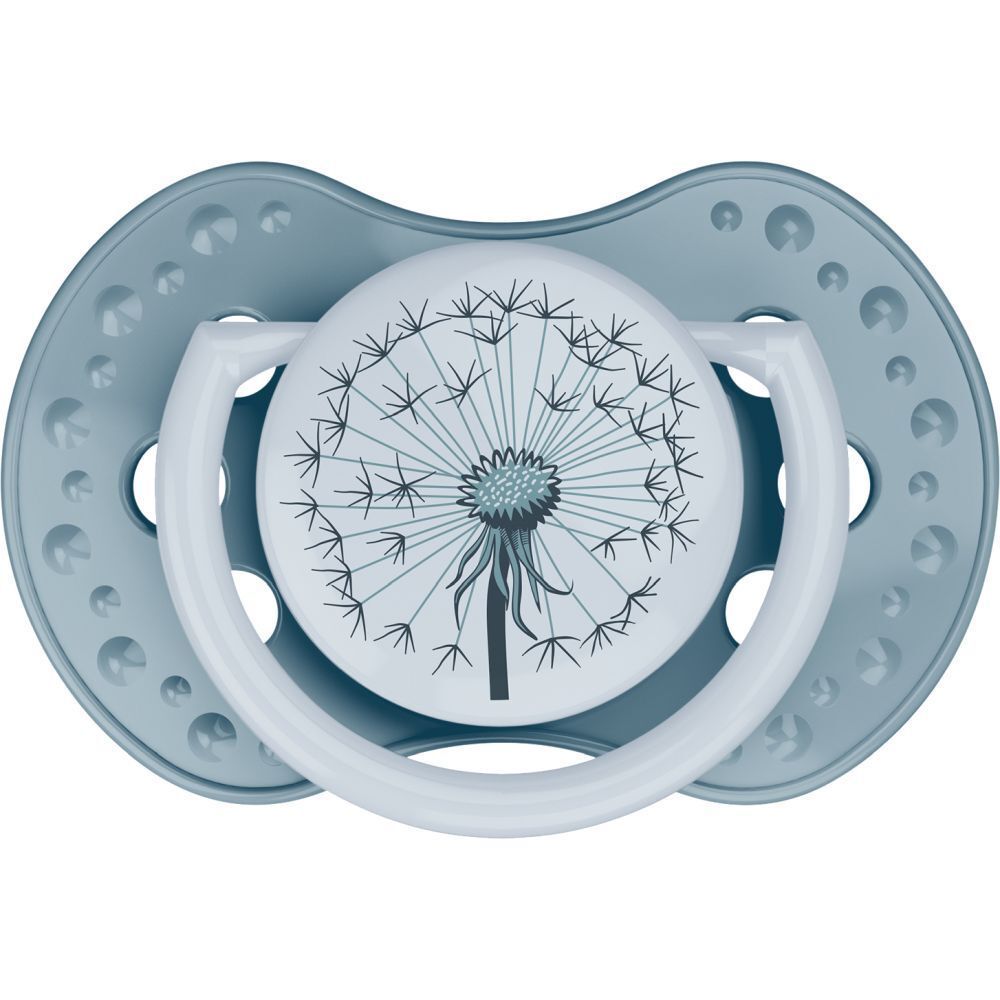 Ein blauer Schnuller mit einem Pusteblumendesign.