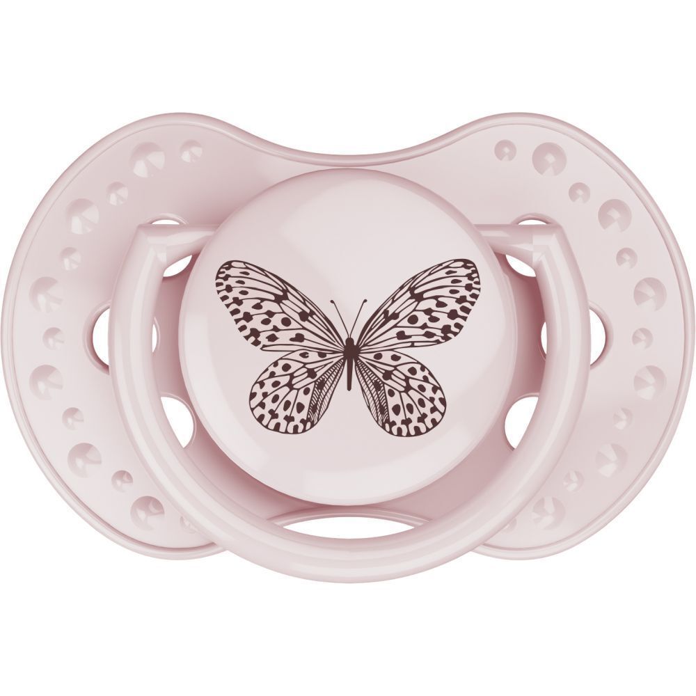Sucette rose avec motif papillon. Forme ronde avec des trous. Arceau blanc.