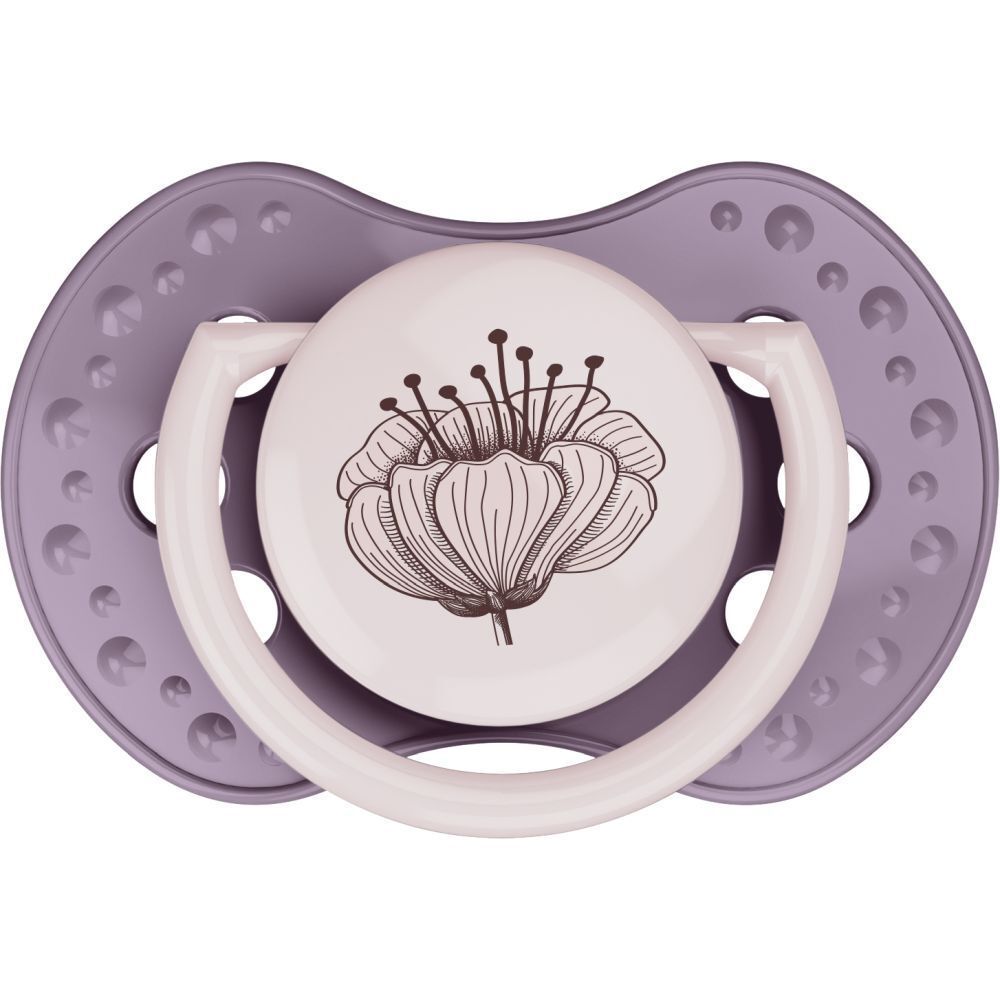 Sucette violette avec motif floral. Forme ronde avec des trous. Arceau blanc.