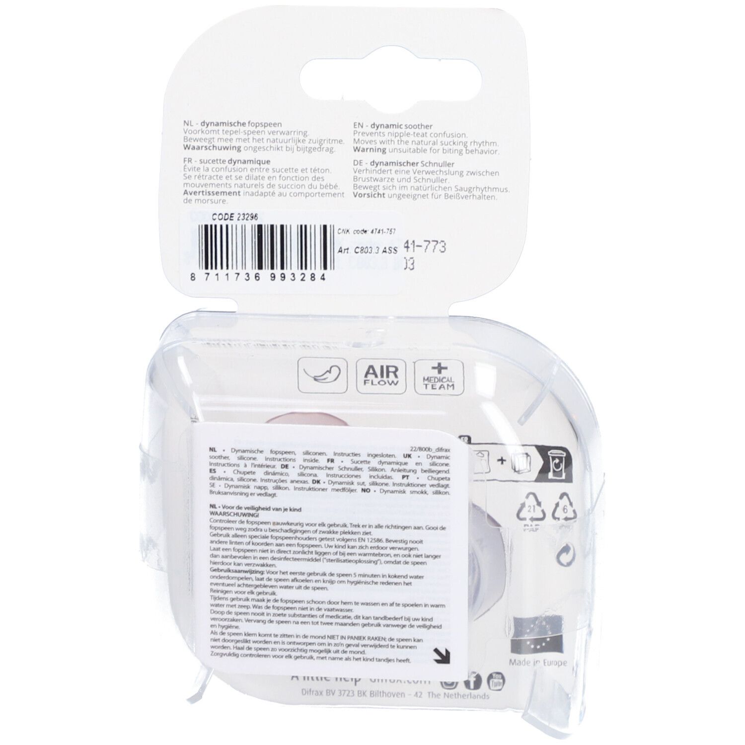 Rückseite der Verpackung mit Text in mehreren Sprachen. Enthält Produktinformationen und Codes.