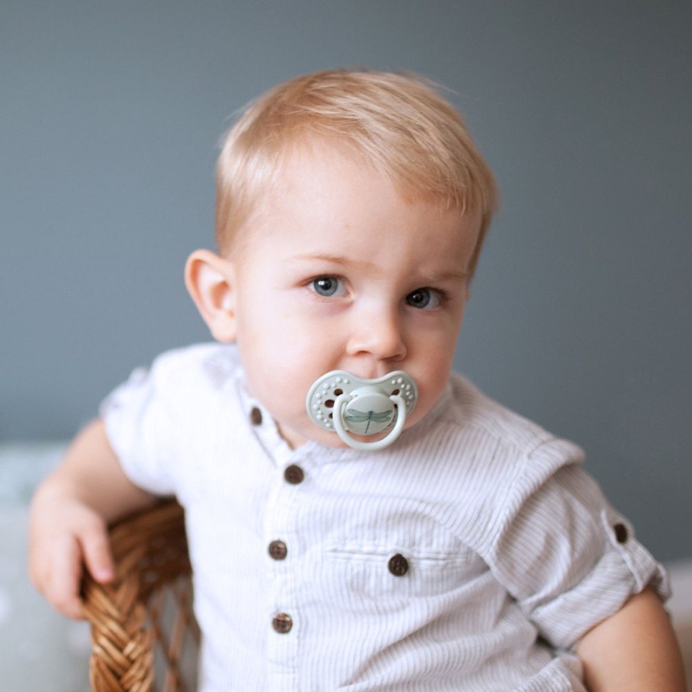 Un jeune enfant avec une sucette dans la bouche. La sucette est grise avec un motif de libellule.