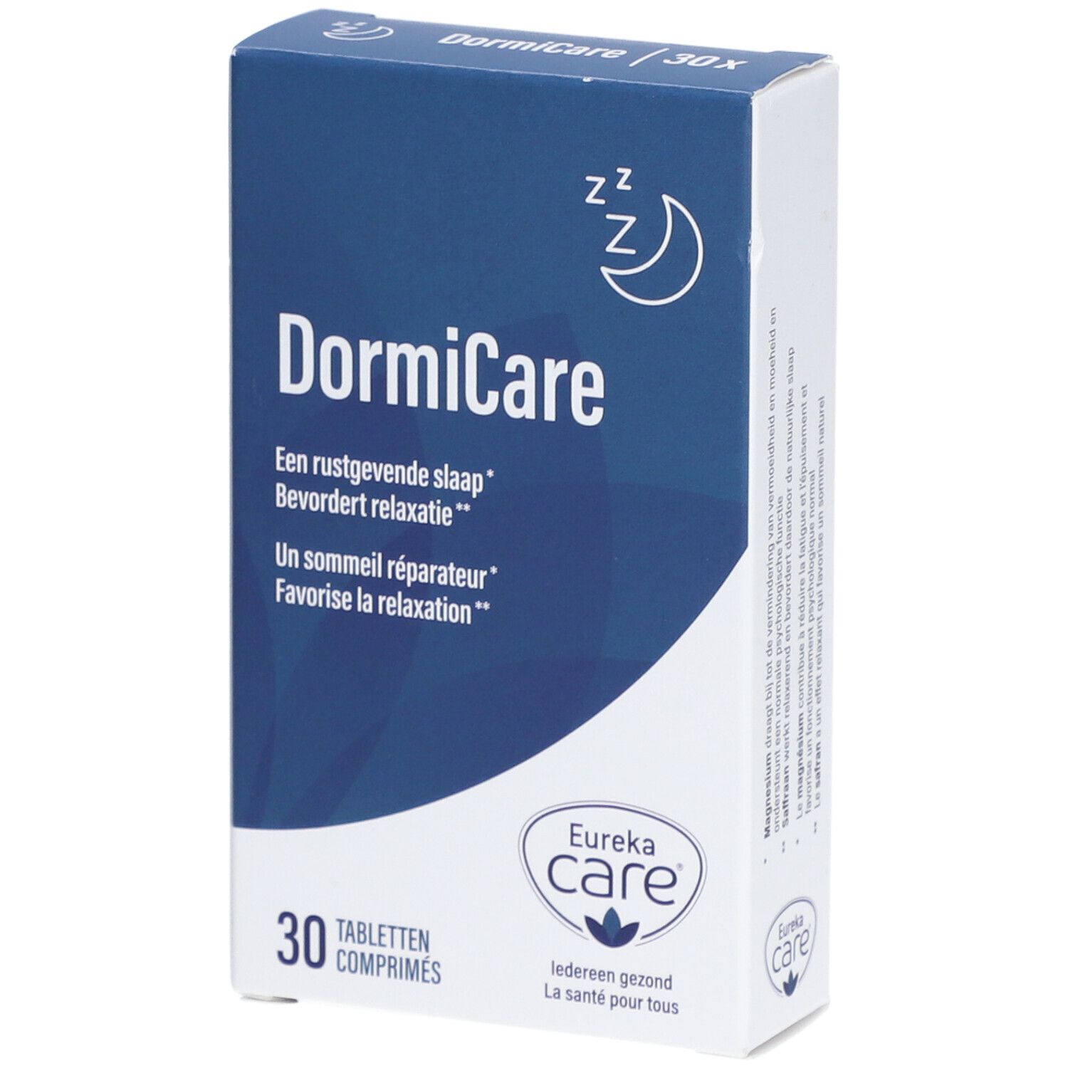 Boîte de DormiCare 30 comprimés. Emballage bleu avec nom du produit et logo Eureka Care. Symbole lune et Zz.