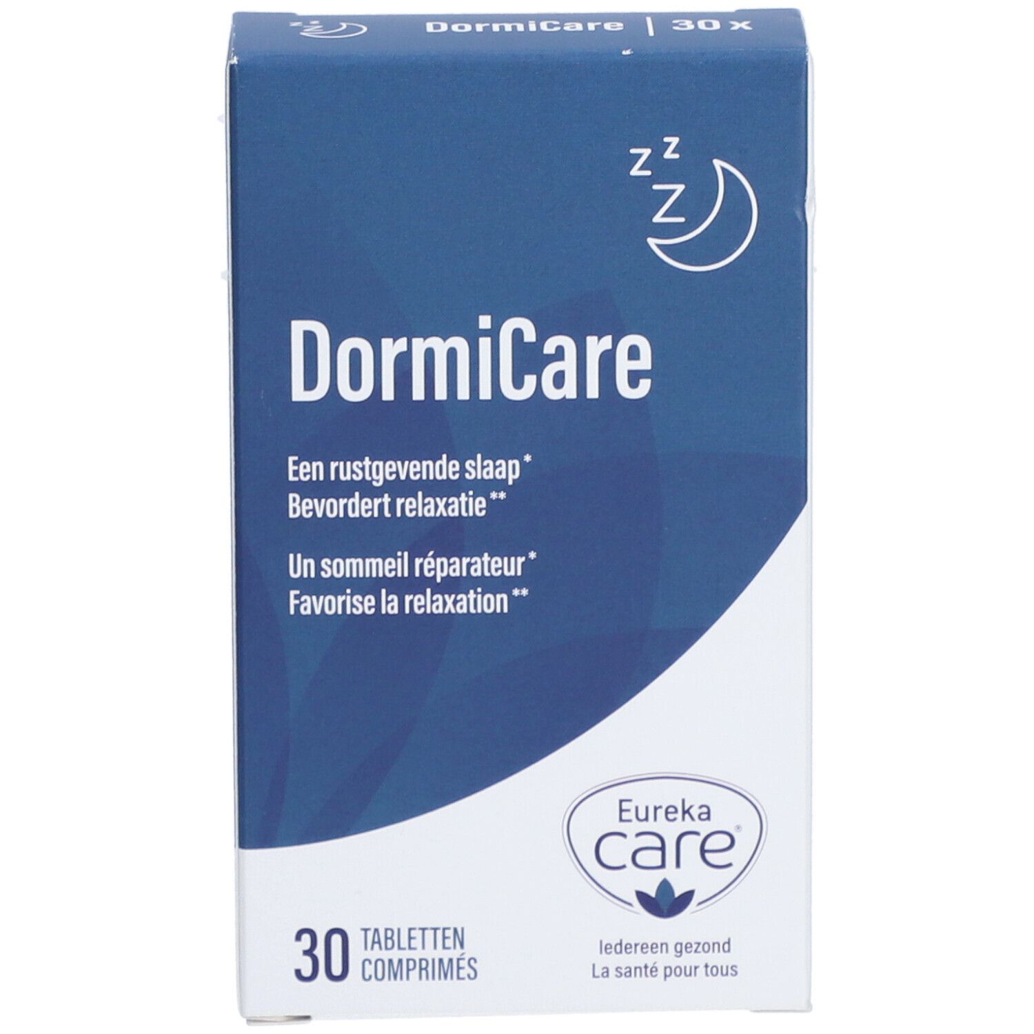 Boîte DormiCare avec 30 comprimés. Emballage bleu avec nom du produit et logo Eureka Care. Symbole lune et Zz.