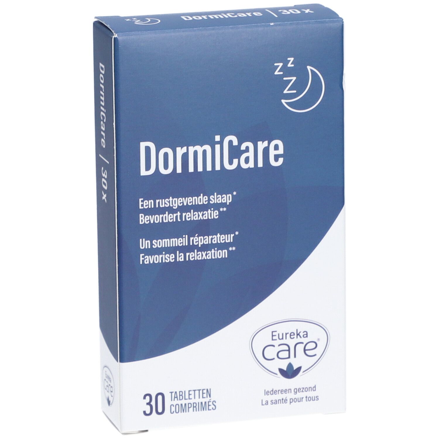 Boîte DormiCare avec 30 comprimés. Emballage bleu avec nom du produit et logo Eureka Care. Symbole lune et Zz.