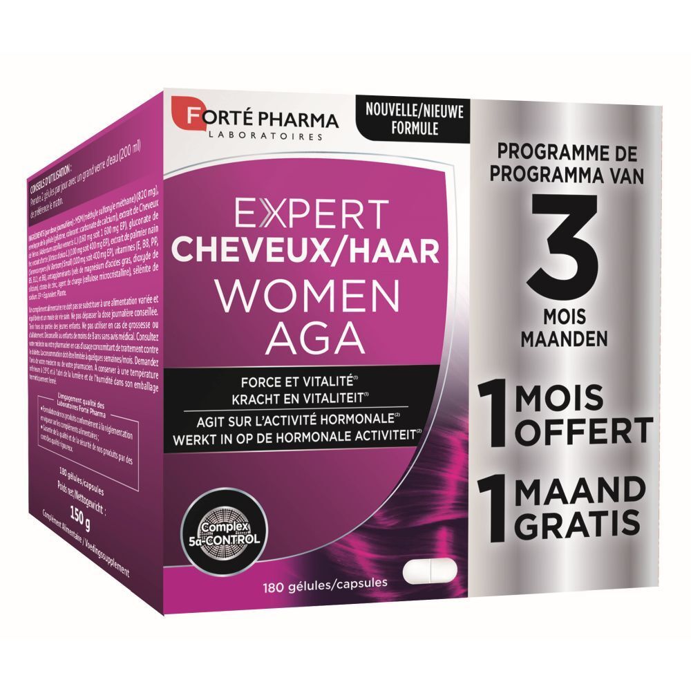 Boîte Expert Cheveux Women AGA. Design violet et blanc. Contient 180 gélules. Marque : Forté Pharma.